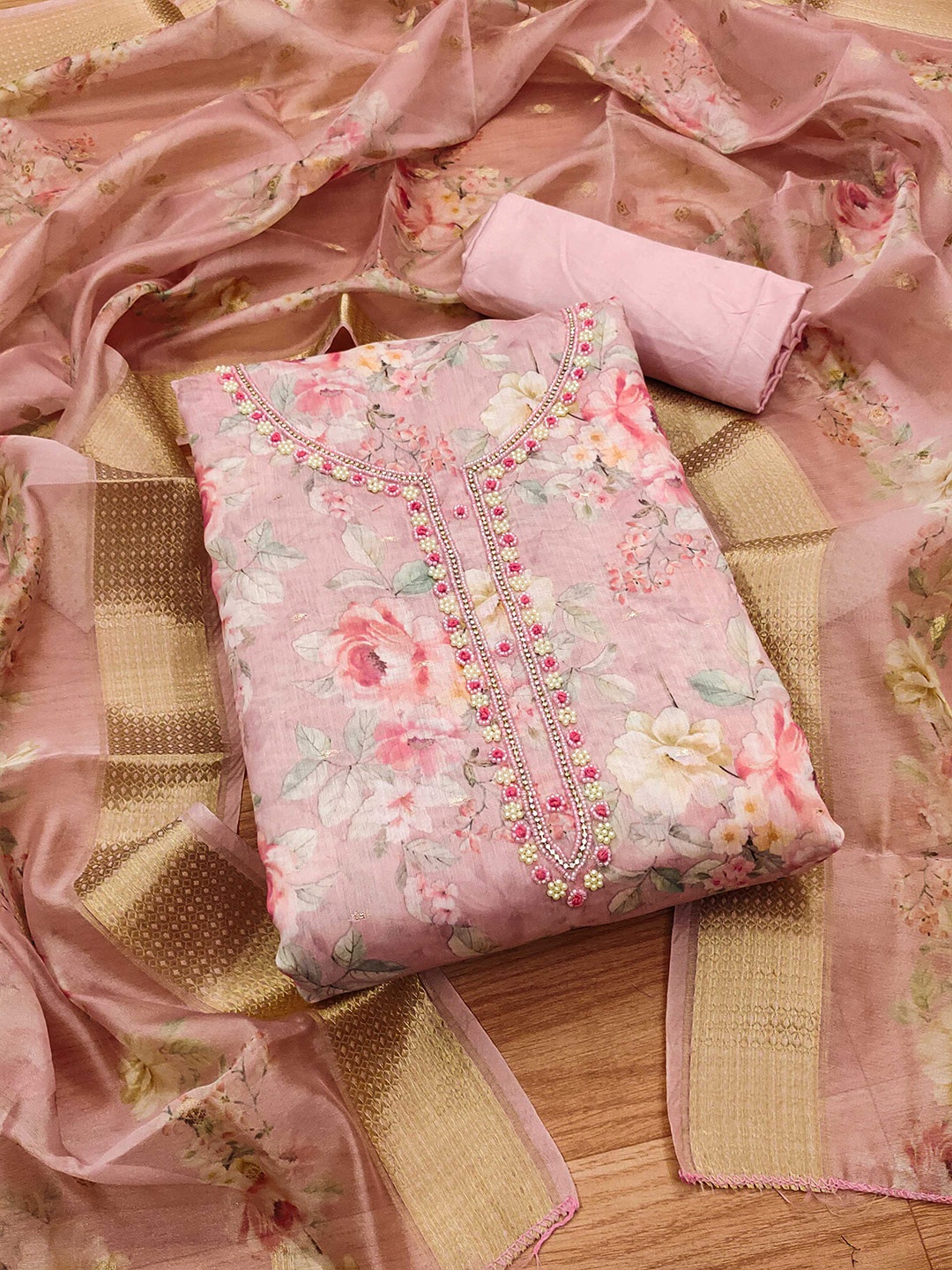 

Panzora Floral Printed Beads and Stones Unstitched Dress Material, Pink