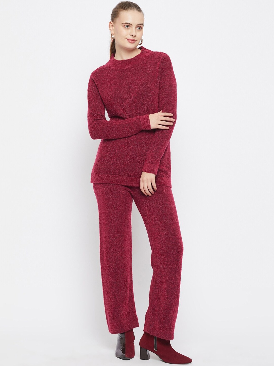 

Club York Self Designed Round Neck Sweater With Trousers Co-Ords, Red