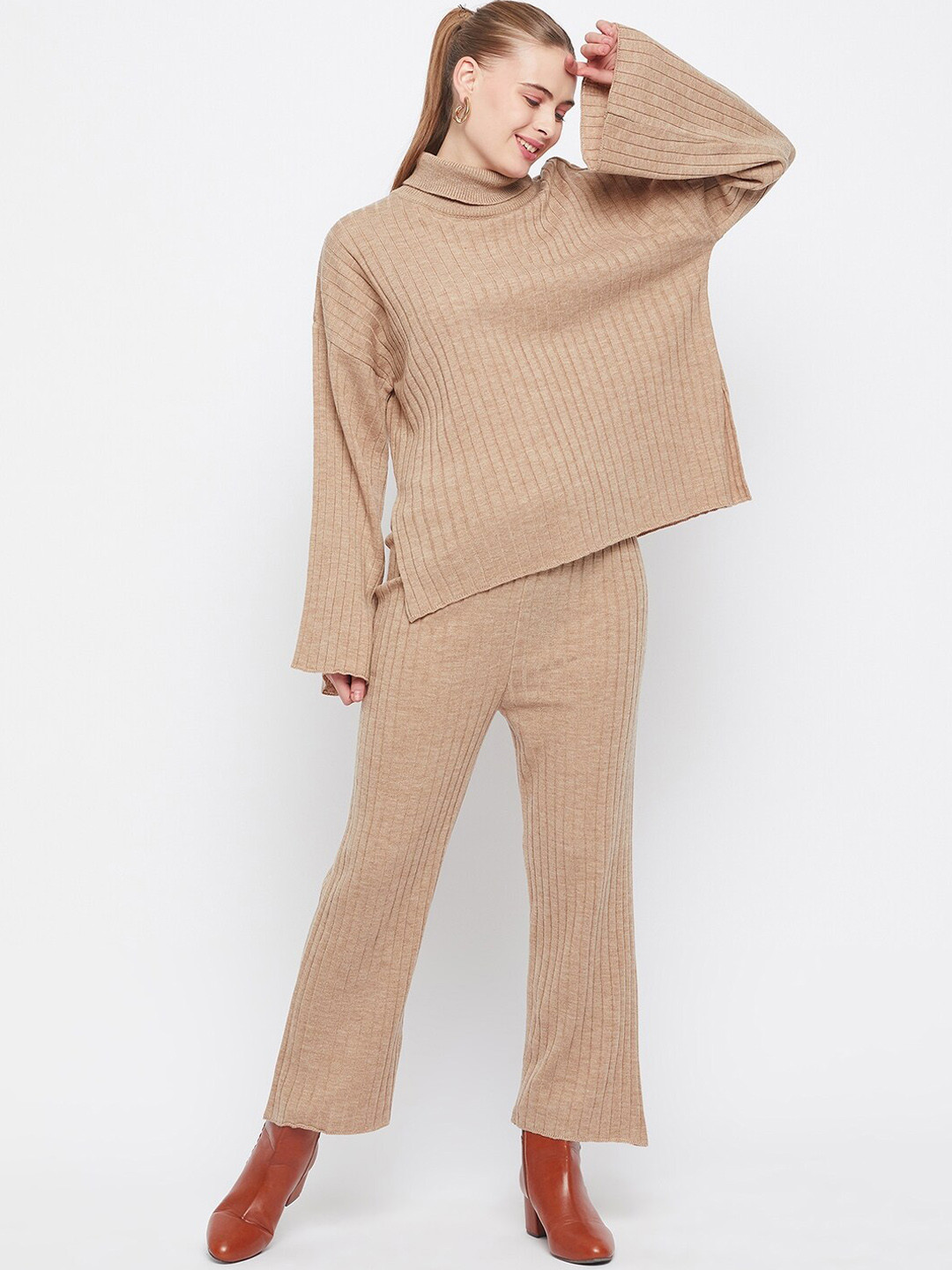 

Club York Striped High Neck Sweater With Trousers Co-Ords, Beige