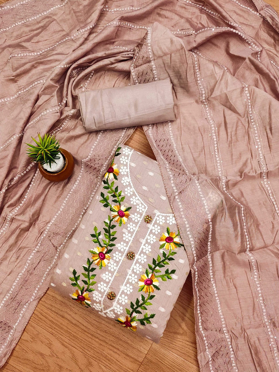 

Panzora Embroidered Art Silk Unstitched Dress Material, Peach