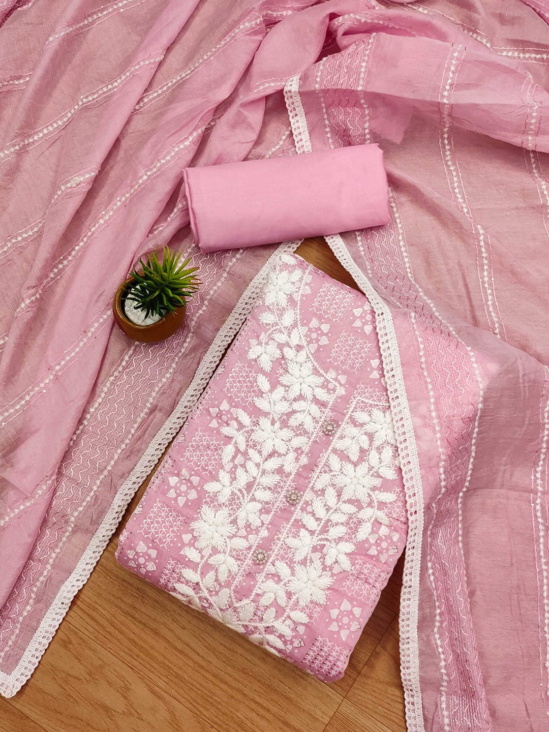 

Panzora Floral Embroidered Art Silk Unstitched Dress Material, Pink