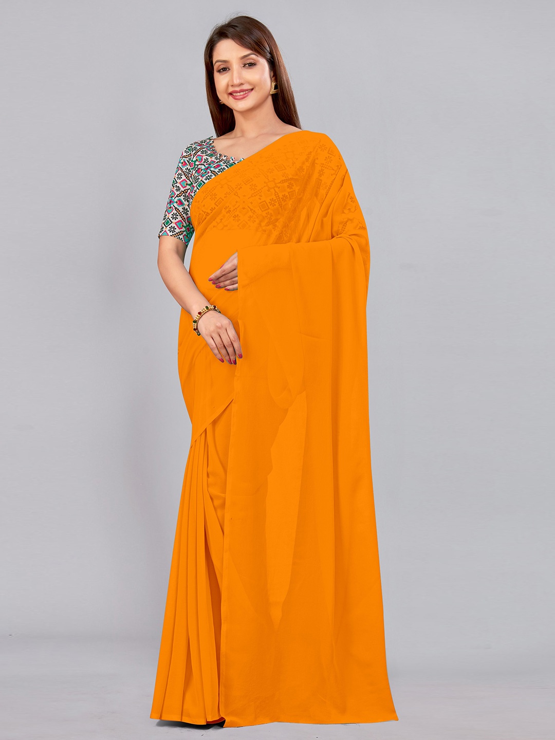 

CastilloFab Embroidered Pure Georgette Saree, Mustard