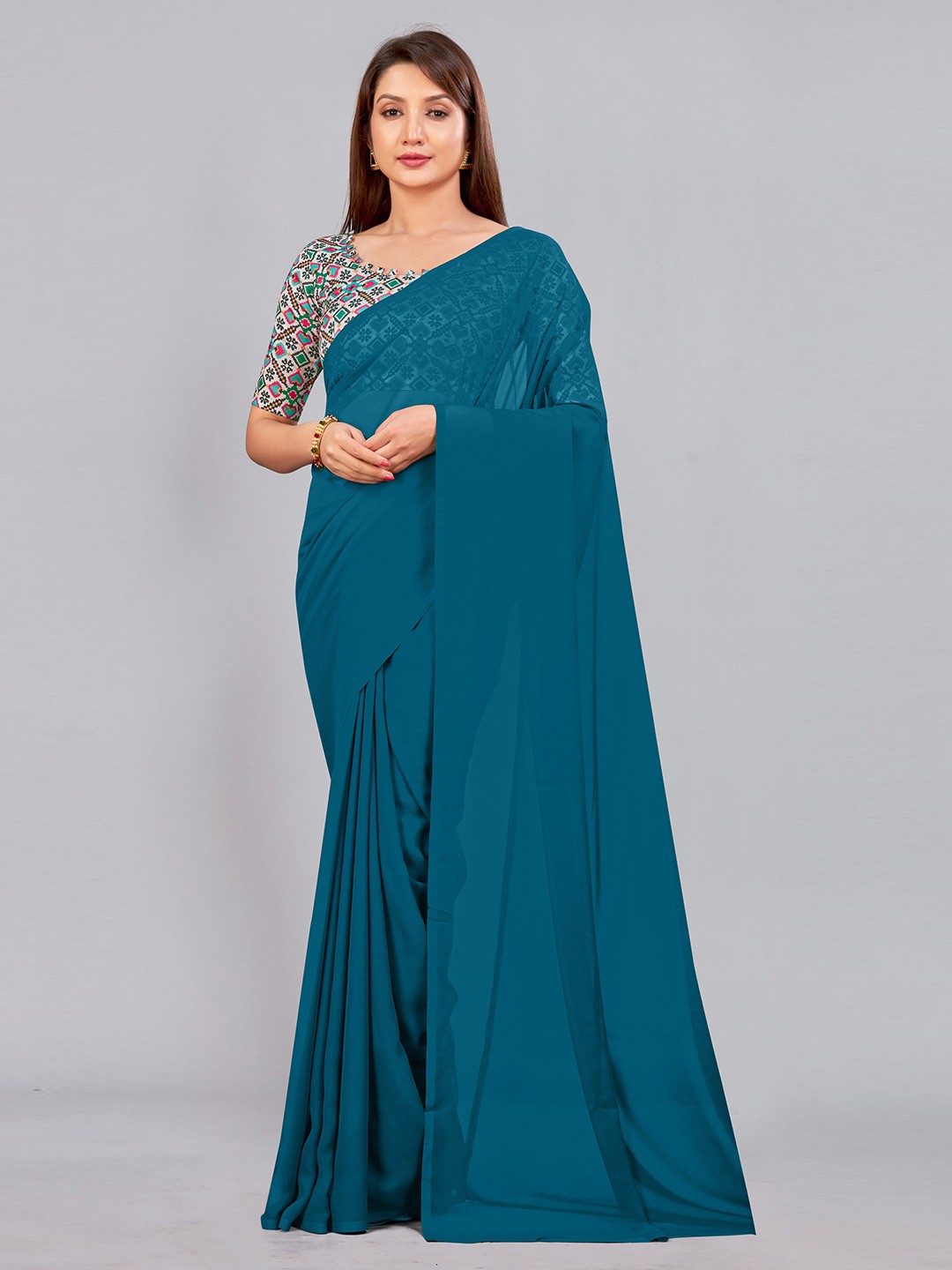 

CastilloFab Embroidered Pure Georgette Saree, Teal