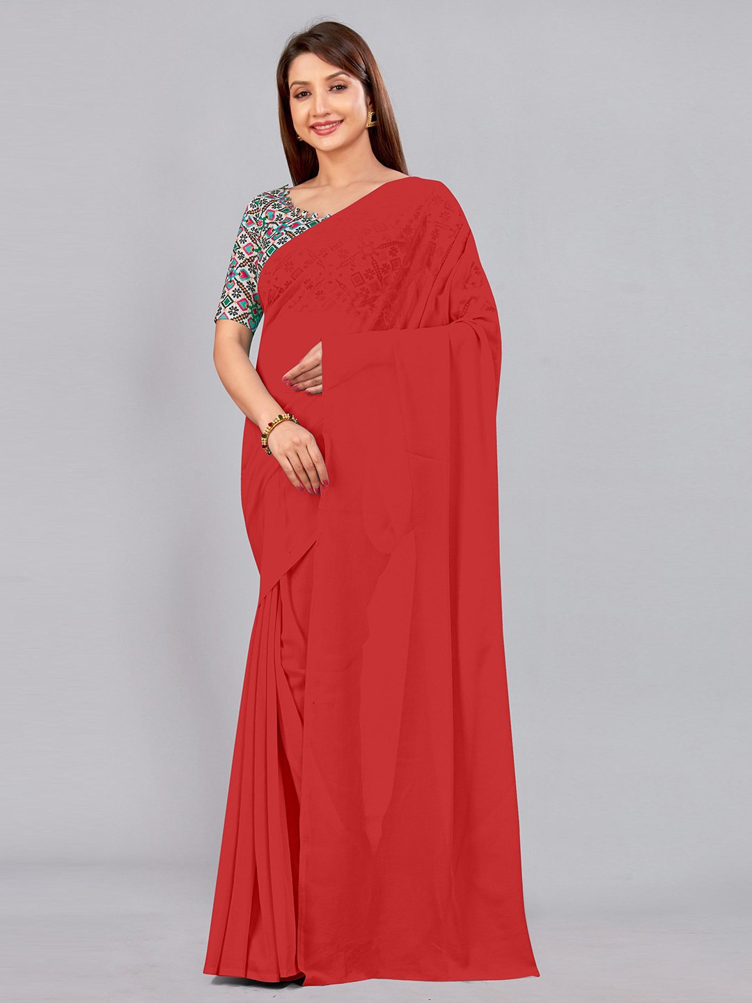 

CastilloFab Embroidered Pure Georgette Saree, Red