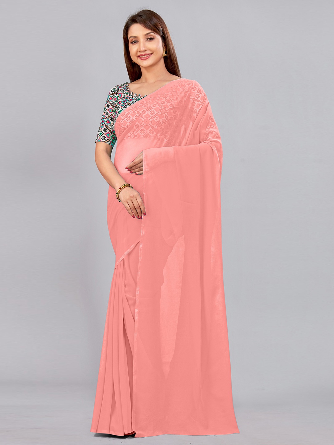 

CastilloFab Embroidered Pure Georgette Saree, Peach