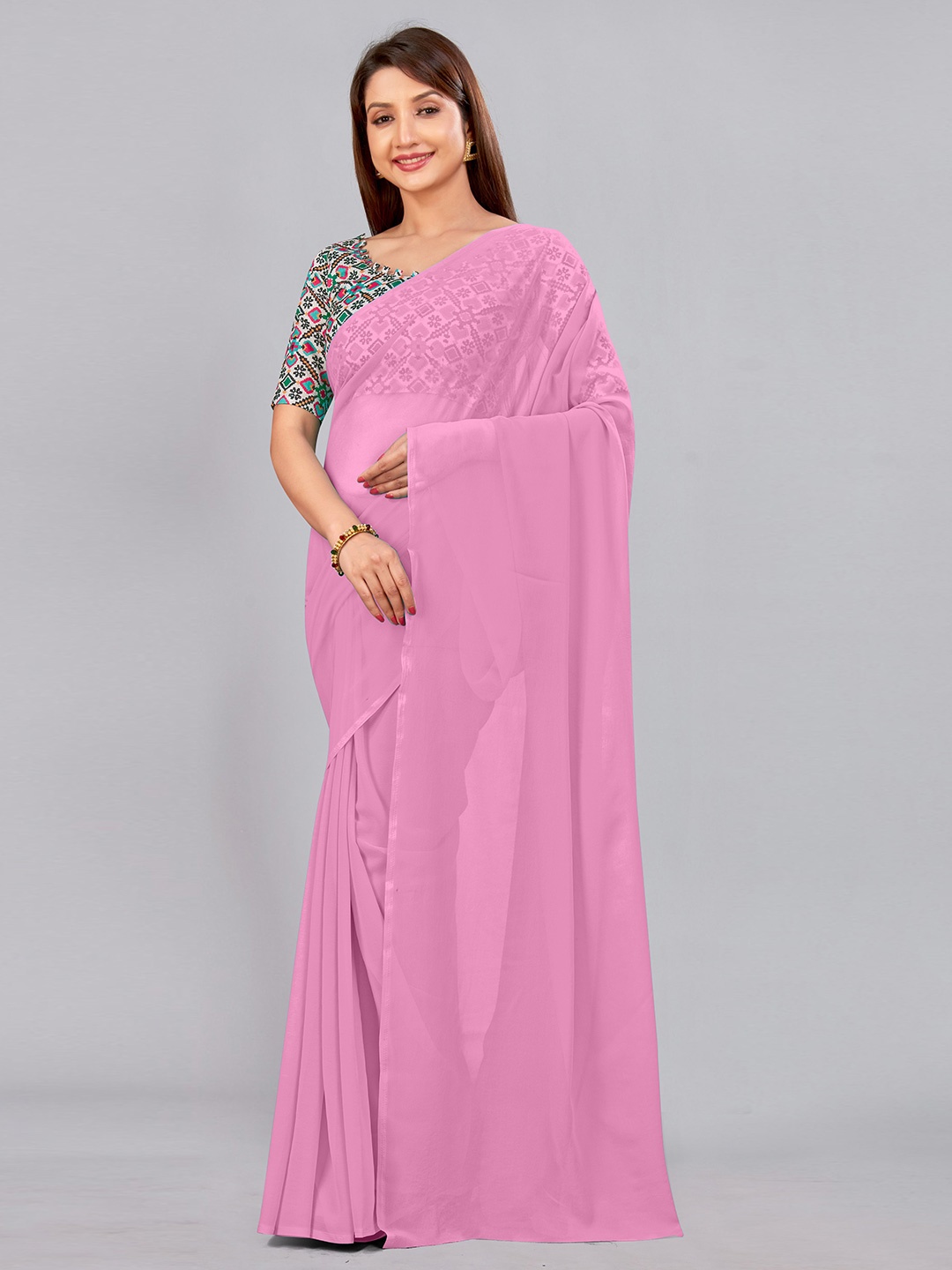 

CastilloFab Embroidered Pure Georgette Saree, Pink