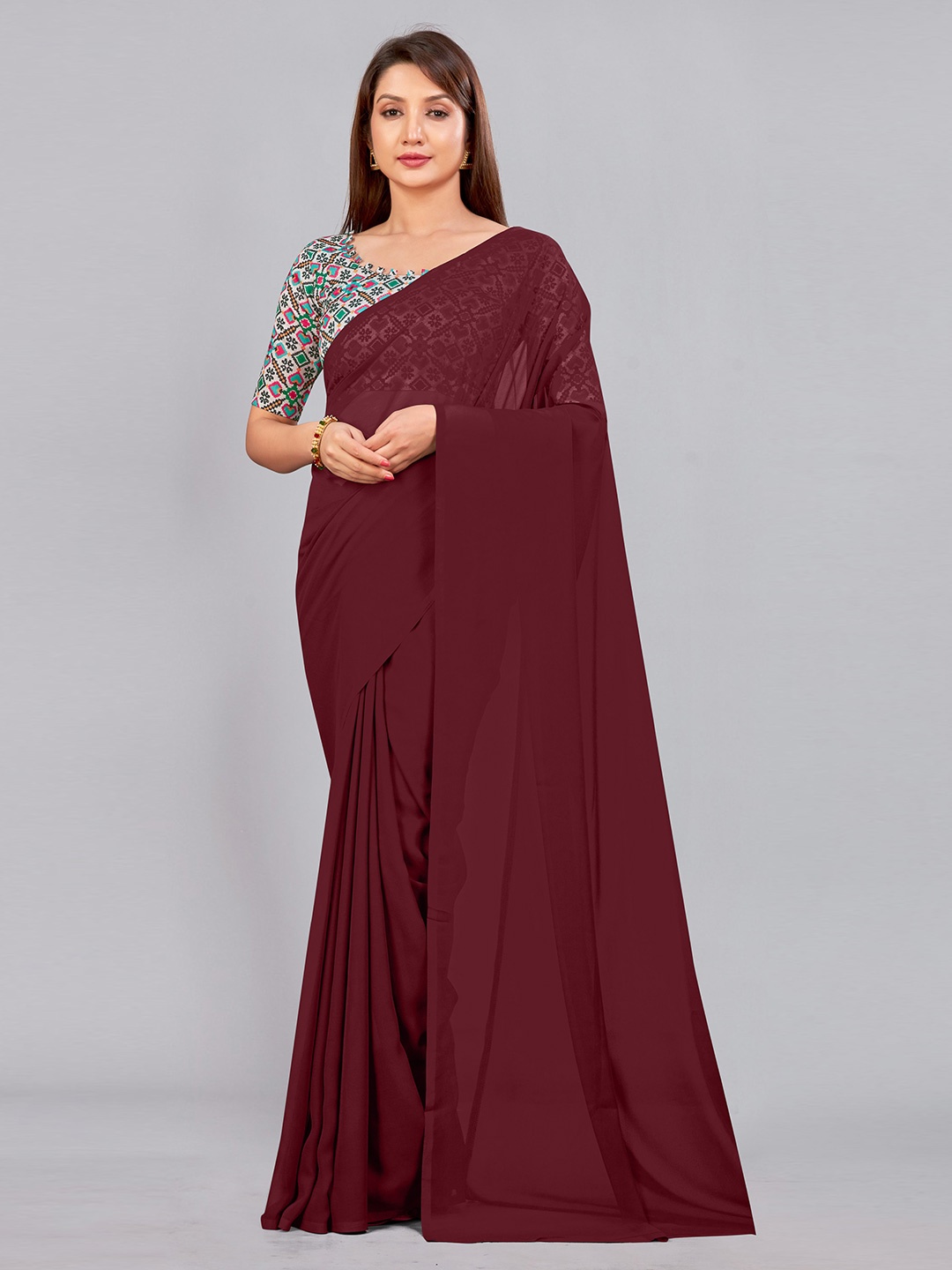 

CastilloFab Embroidered Pure Georgette Saree, Maroon