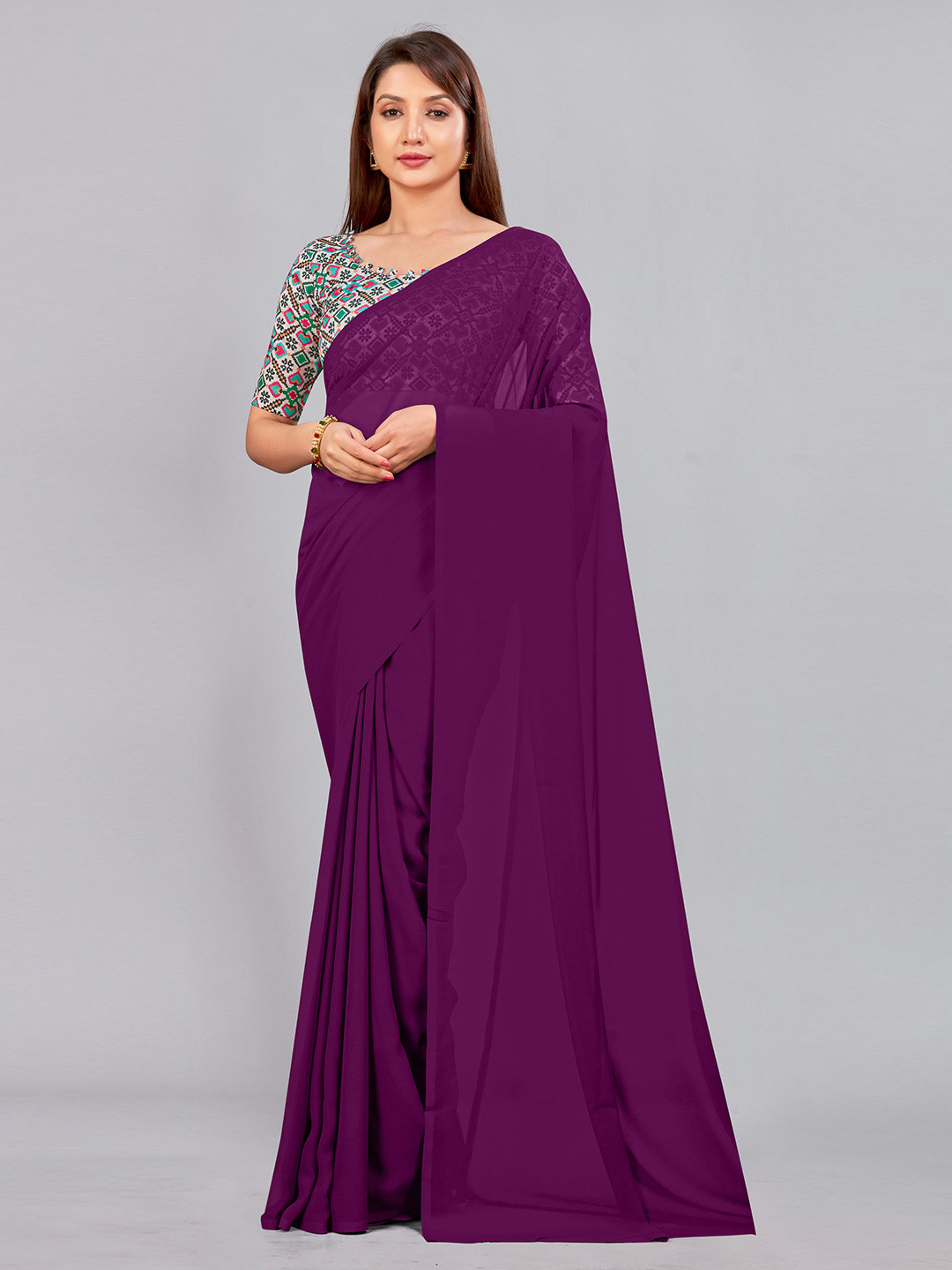 

CastilloFab Embroidered Pure Georgette Saree, Burgundy