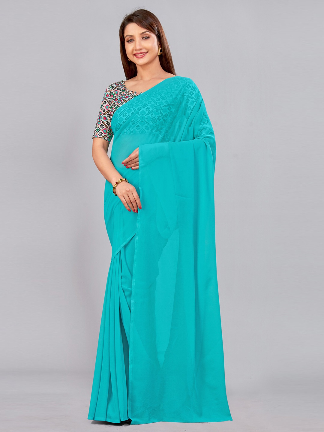 

CastilloFab Embroidered Pure Georgette Saree, Turquoise blue