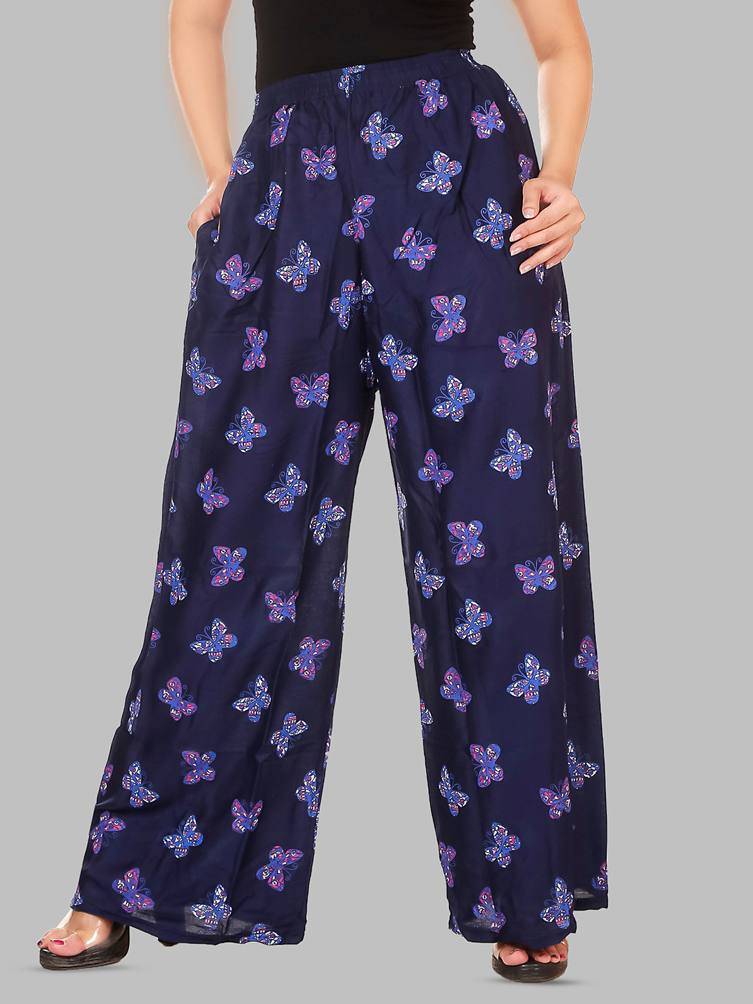 

BAESD Quirky Printed Wide Leg Palazzos, Navy blue