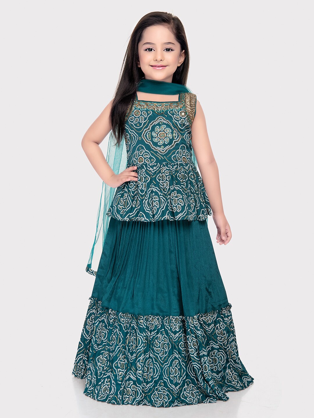 

Tiny Kingdom Girls Ethnic Motifs Printed Ready To Wear Lehenga & Choli With Dupatta, Green
