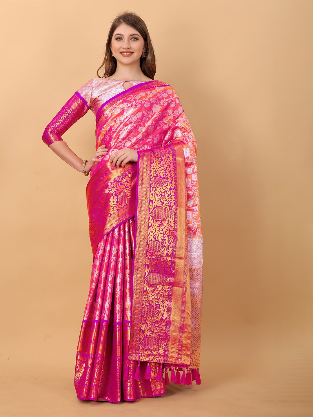 

NIWAA Floral Woven Design Pure Silk Banarasi Saree, Pink