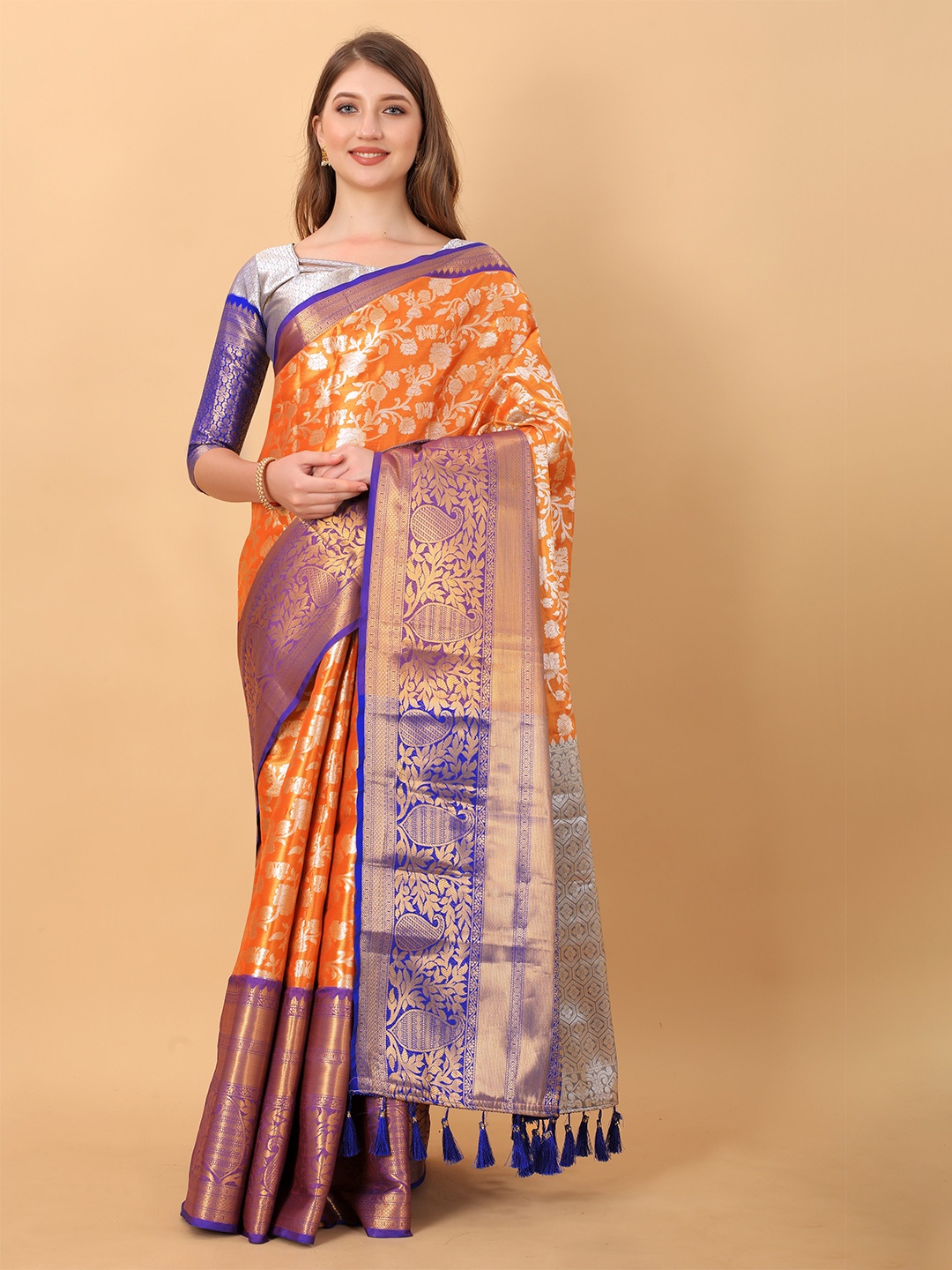 

NIWAA Floral Woven Design Pure Silk Banarasi Saree, Orange