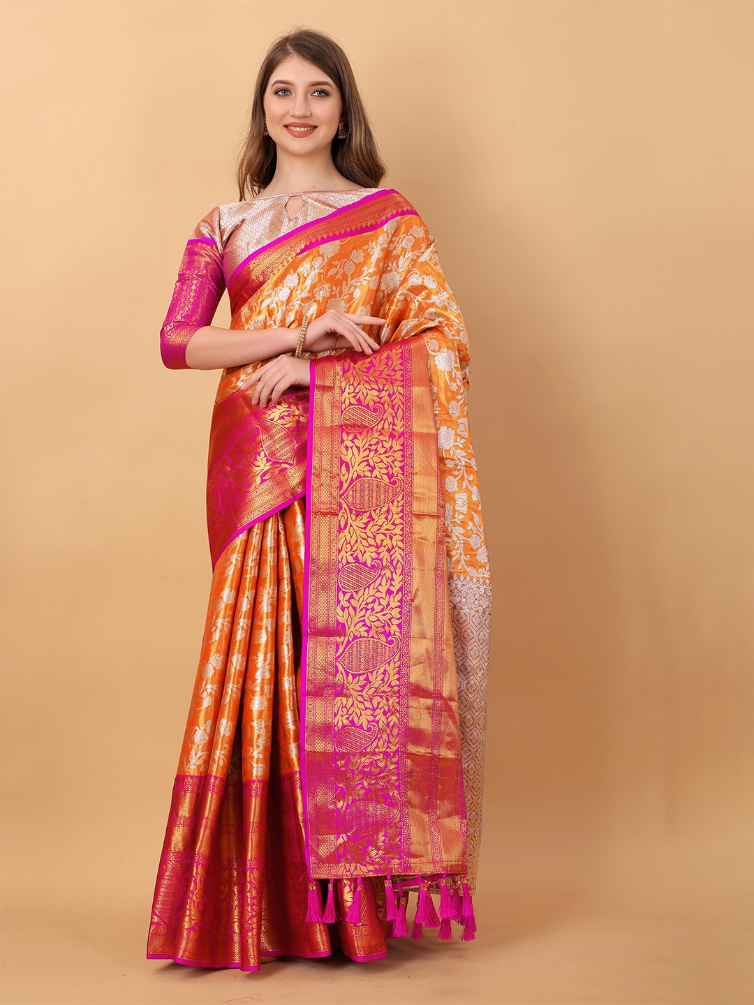 

NIWAA Floral Woven Design Pure Silk Banarasi Saree, Orange