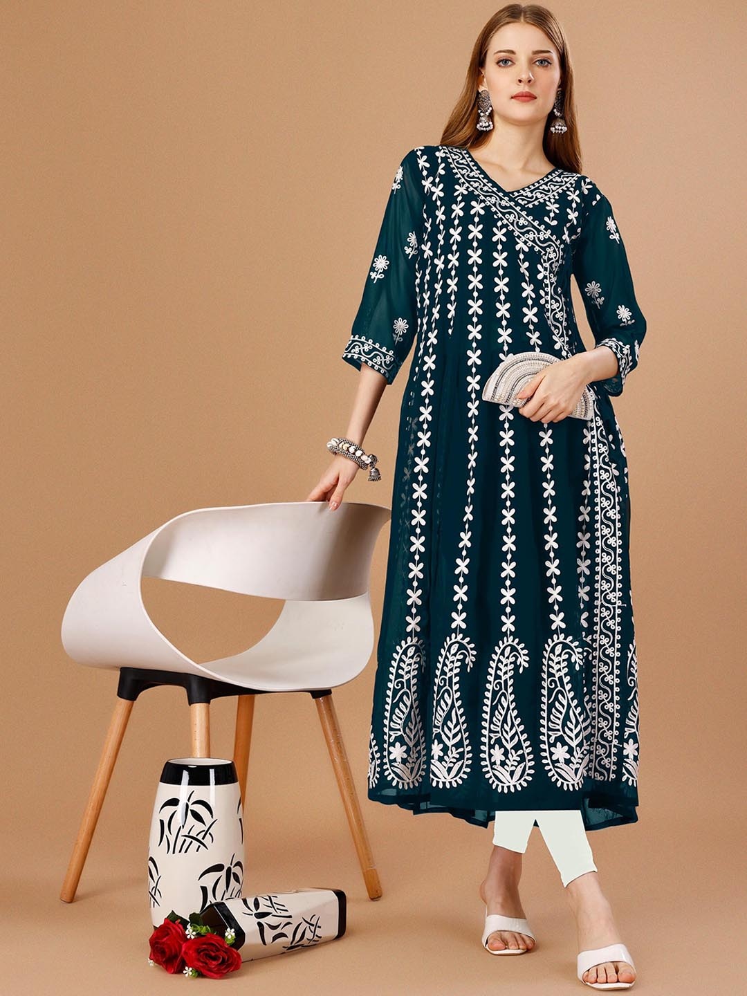 

Shree Ramkrishna Fab Floral Embroidered Chikankari Georgette Anarkali Kurta, Blue