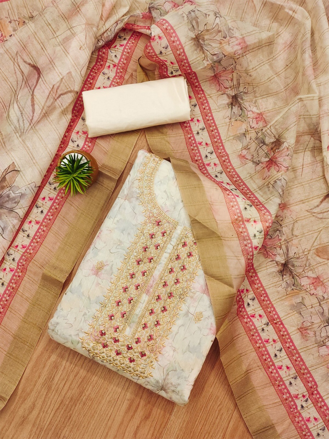 

Panzora Embroidered Art Silk Unstitched Dress Material, Beige