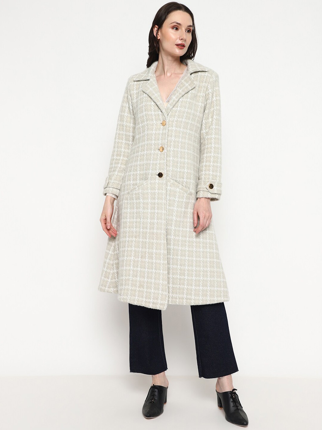 

Be Indi Checked Notched Lapel Collar Acrylic Longline Overcoat, Sea green