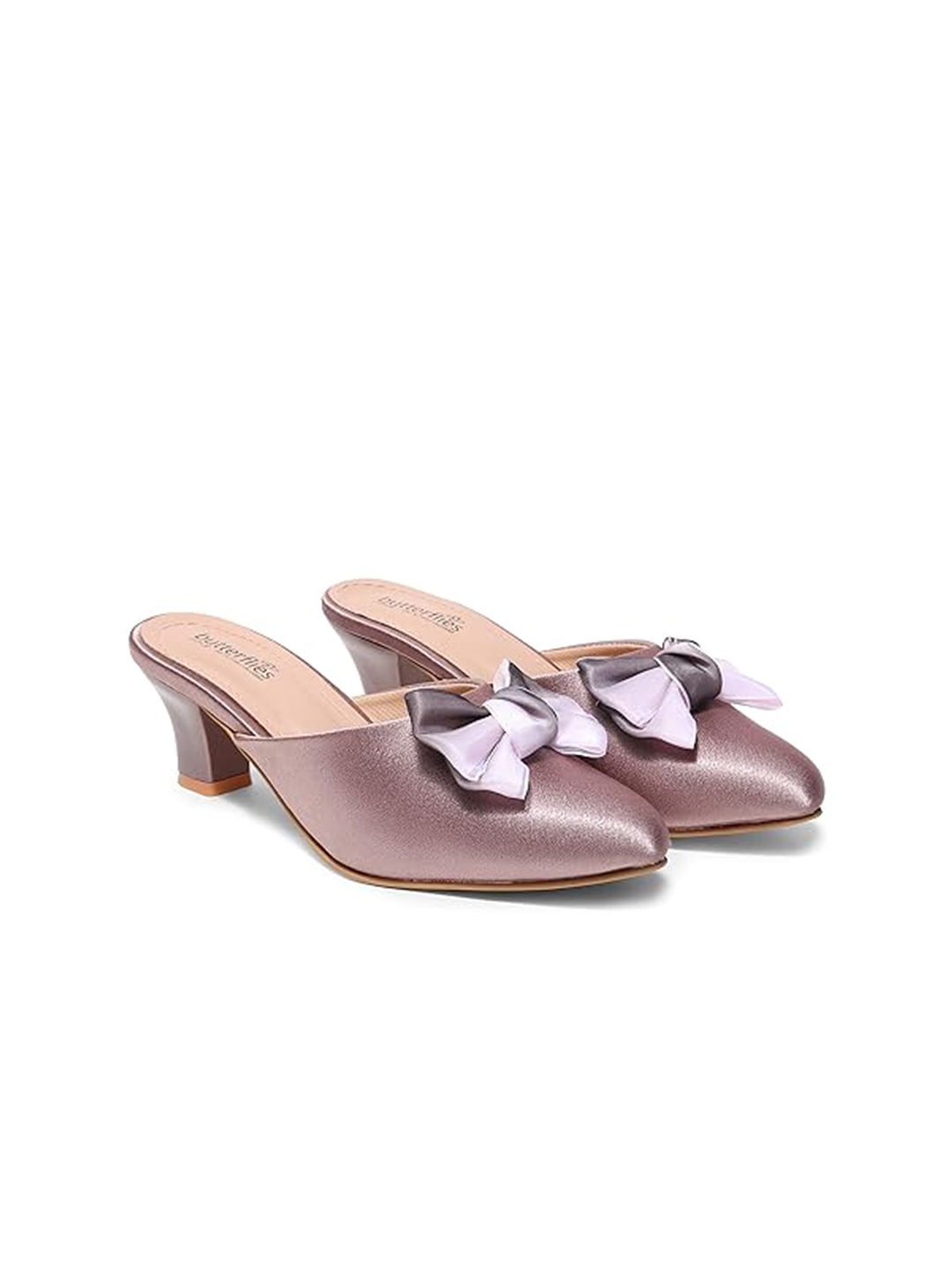 

Butterflies Bows Detail Pointed Toe Mules Block Heels, Rose gold