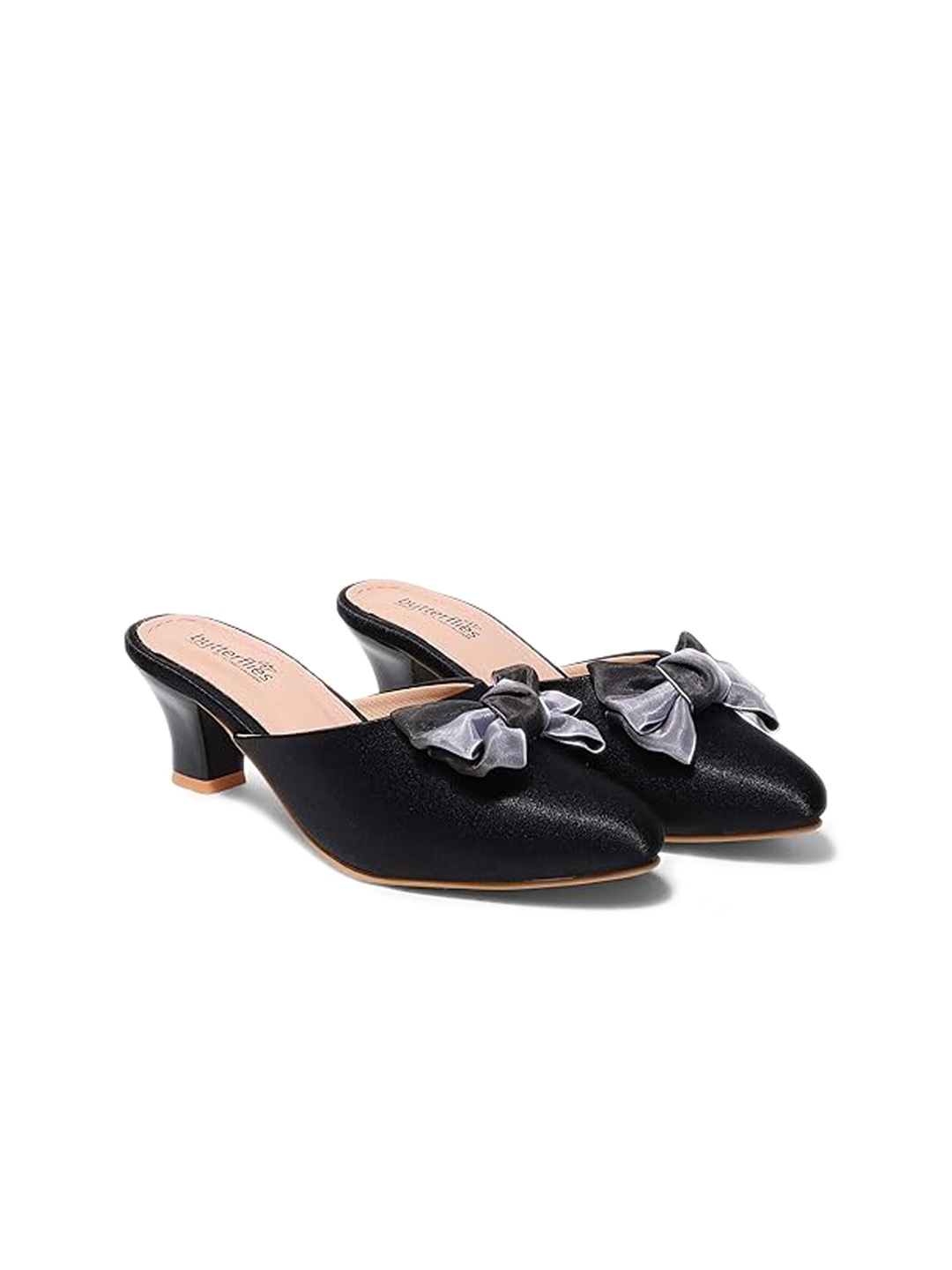 

Butterflies Bows Detail Pointed Toe Mules Block Heels, Black