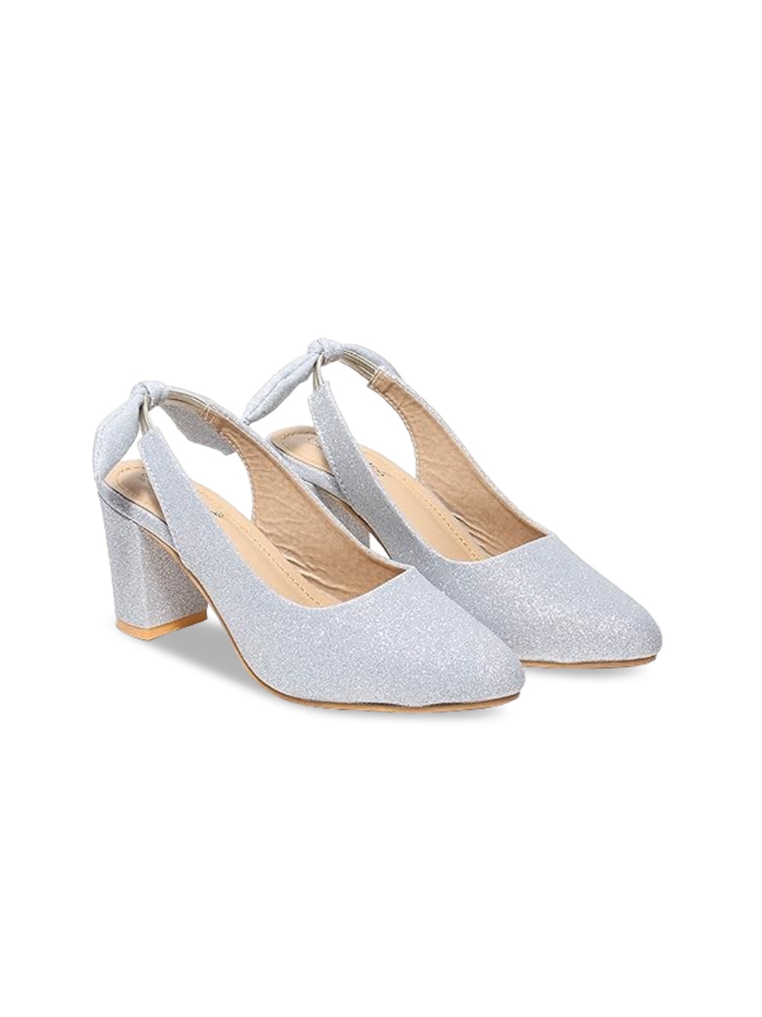 

Butterflies Bows Detail Pointed Toe Pumps Block Heels, Silver