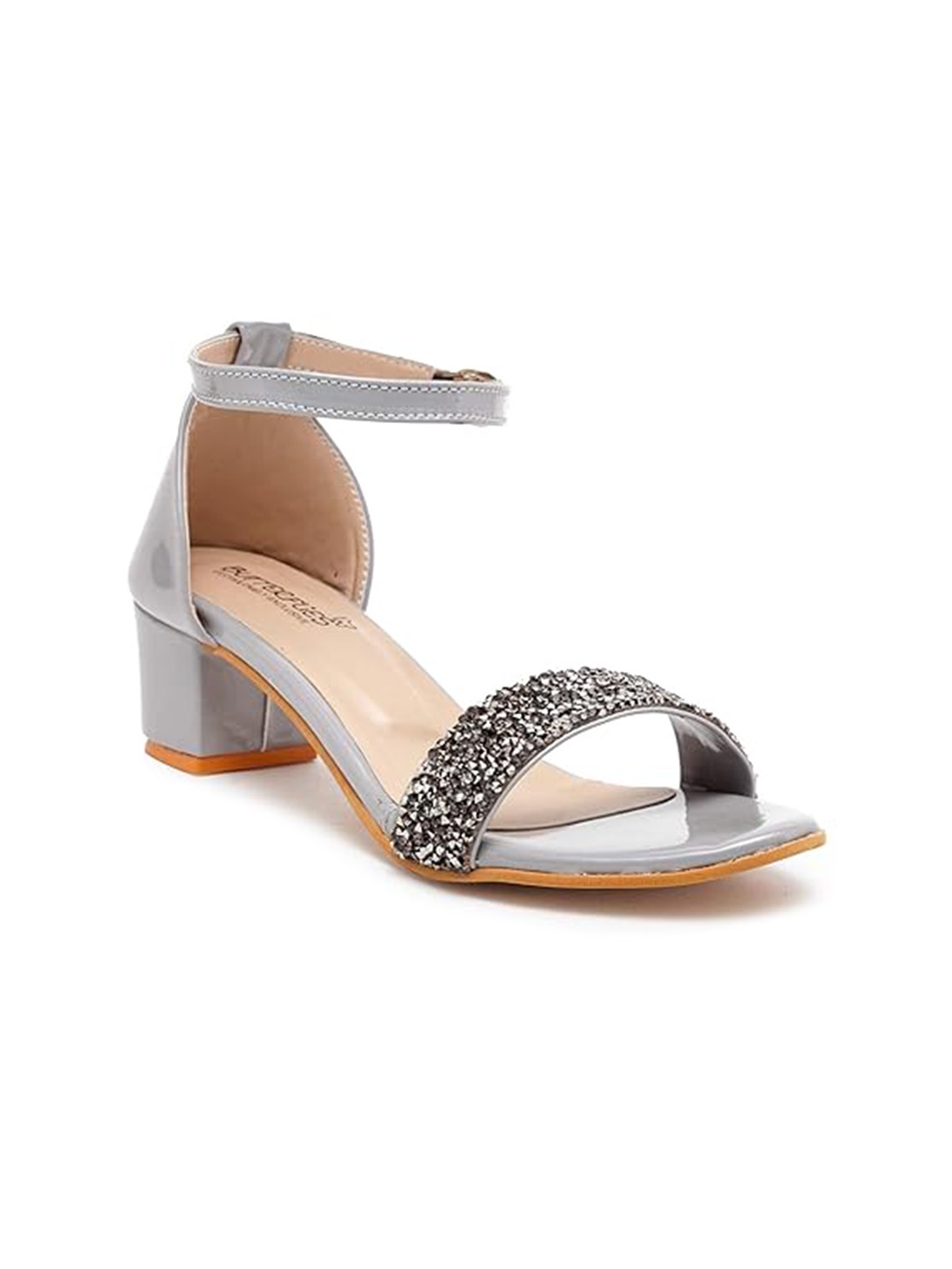 

Butterflies Embellished Open Toe Block Heels, Grey