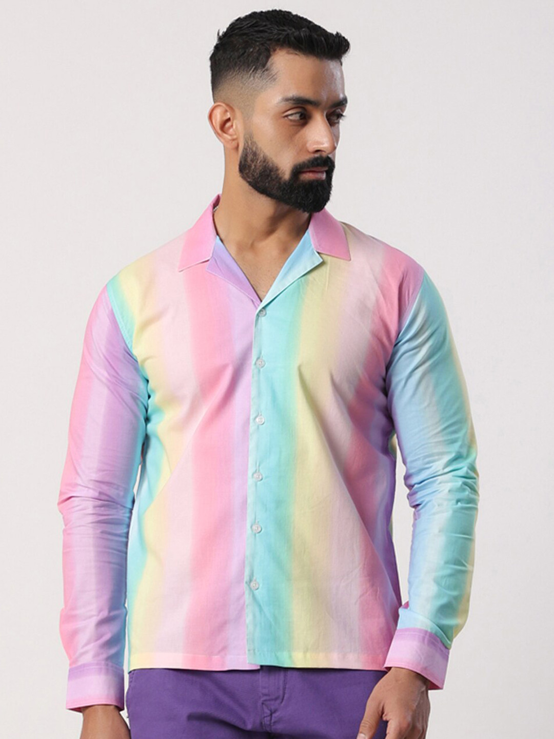 

Tistabene New Colourblocked Cuban Collar Long Sleeves Cotton Casual Shirt, Pink