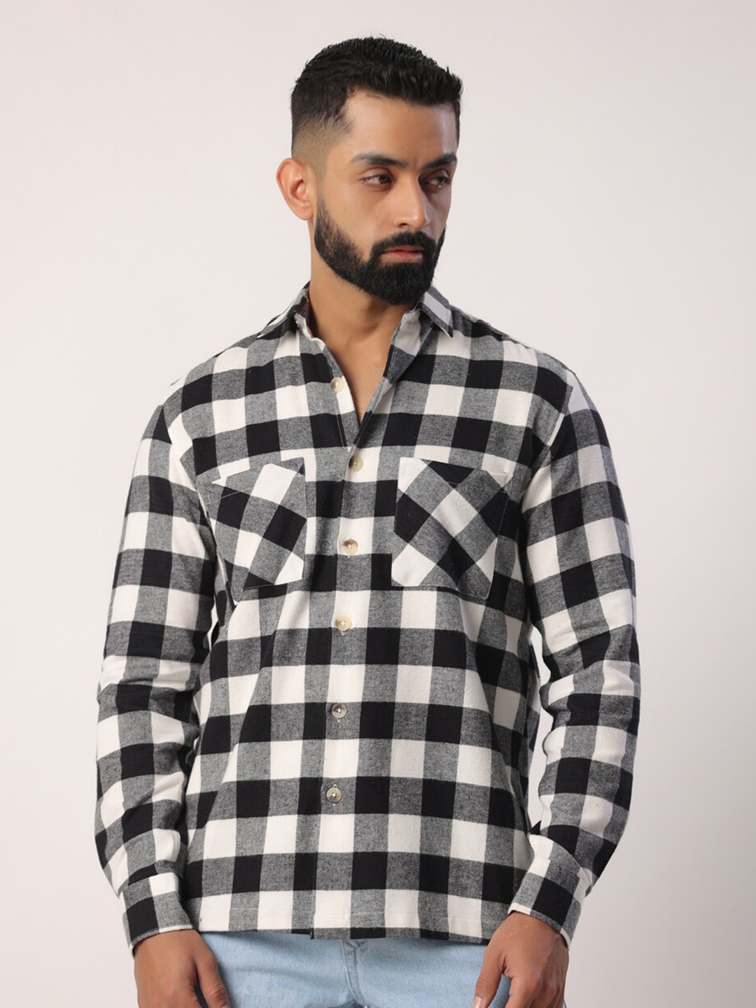 

Tistabene New Buffalo Checked Spread Collar Monochrome Casual Shirt, Black