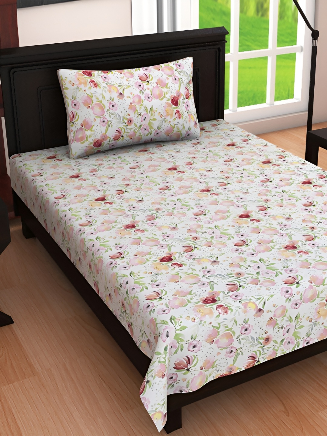 

RRC White & Pink Floral 180 TC Single Bedsheet Set