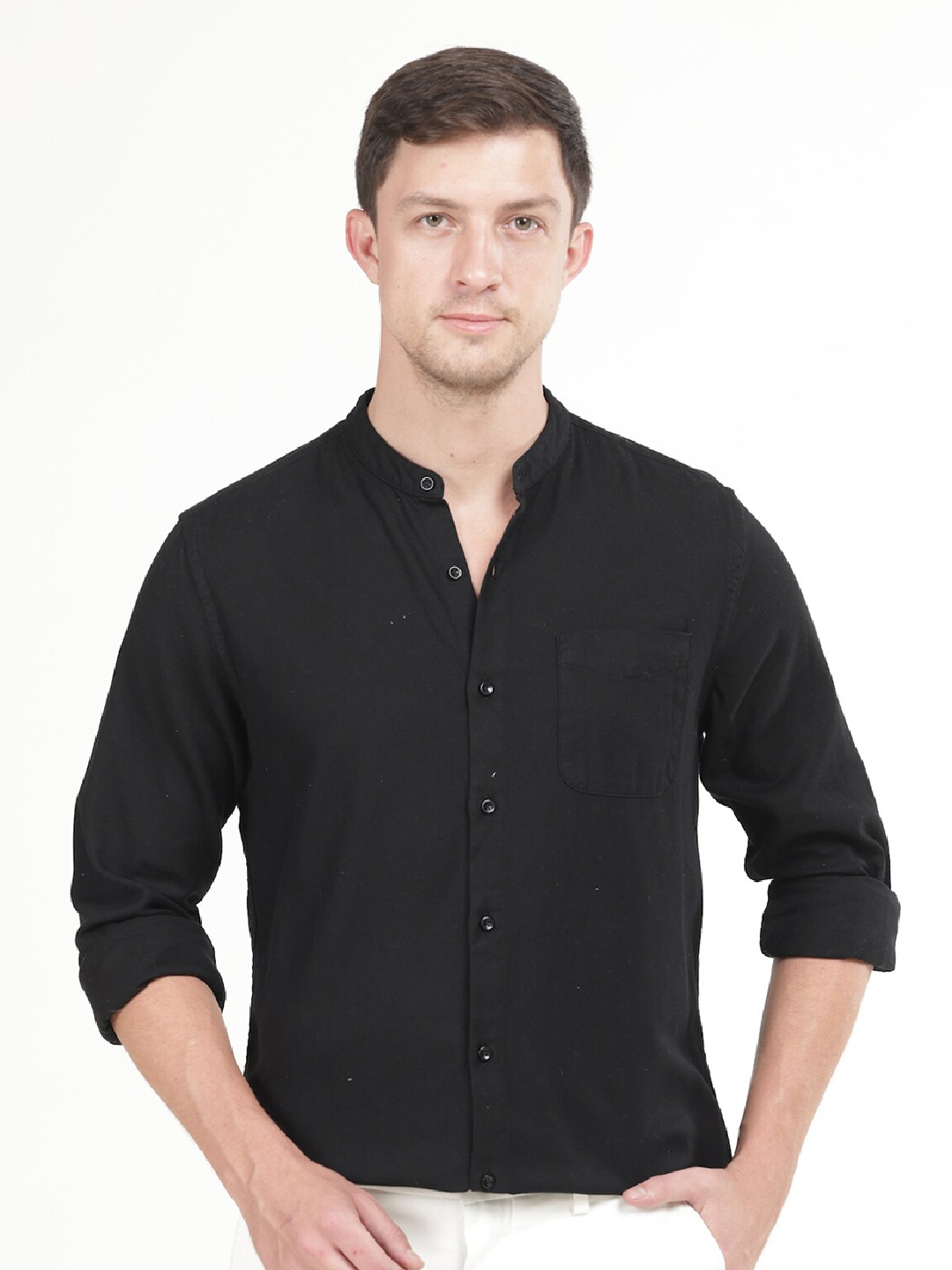 

POE Smart Mandarin Collar Pure Cotton Slim Fit Shirt, Black