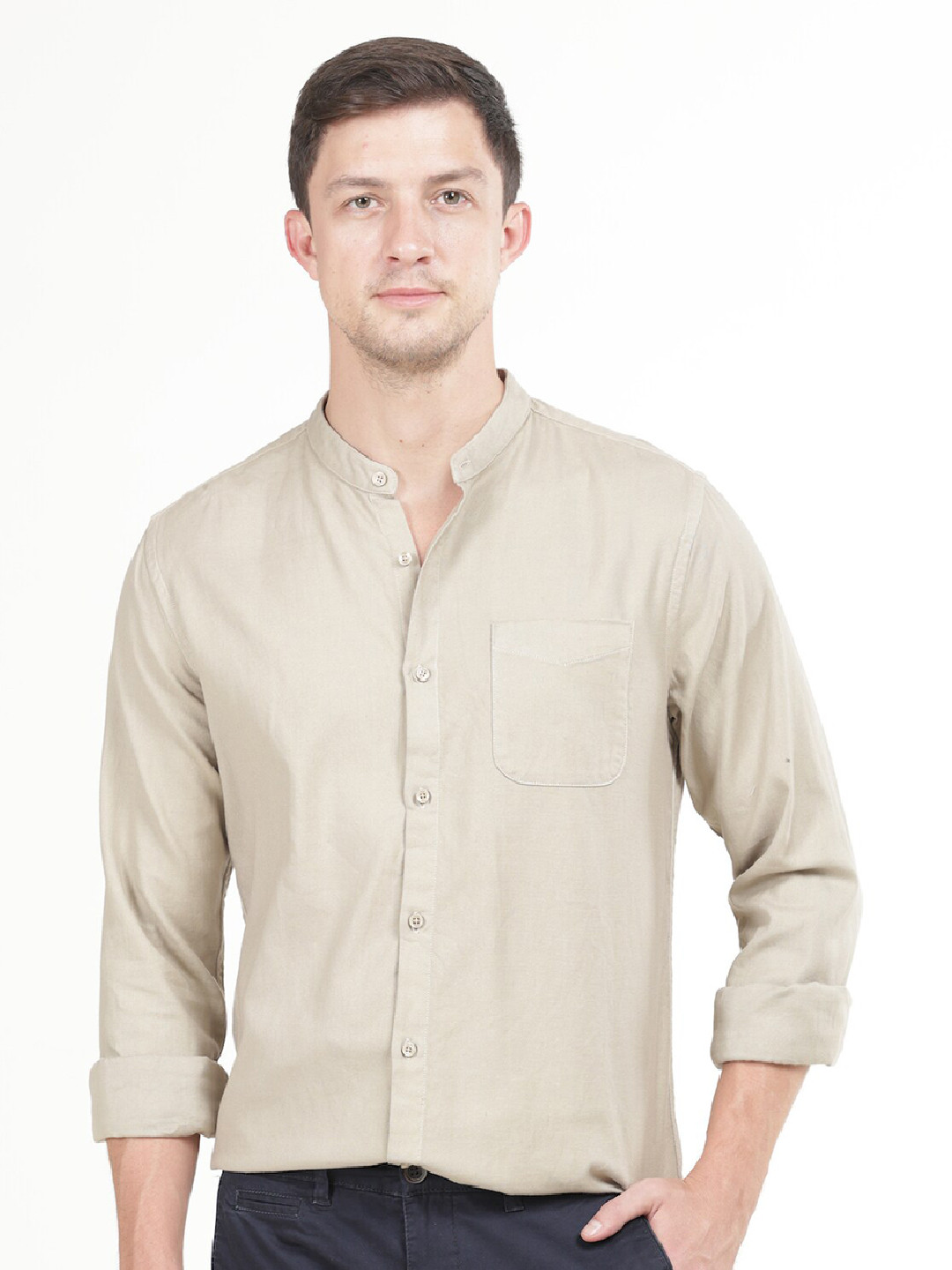 

POE Smart Mandarin Collar Pure Cotton Slim Fit Shirt, Beige