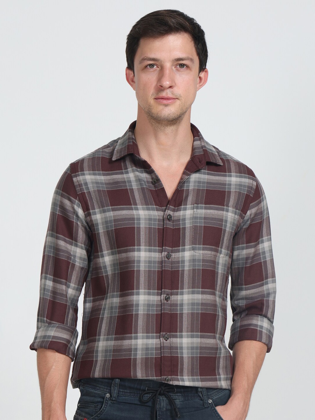 

POE Smart Slim Fit Tartan Checked Pure Cotton Shirt, Brown