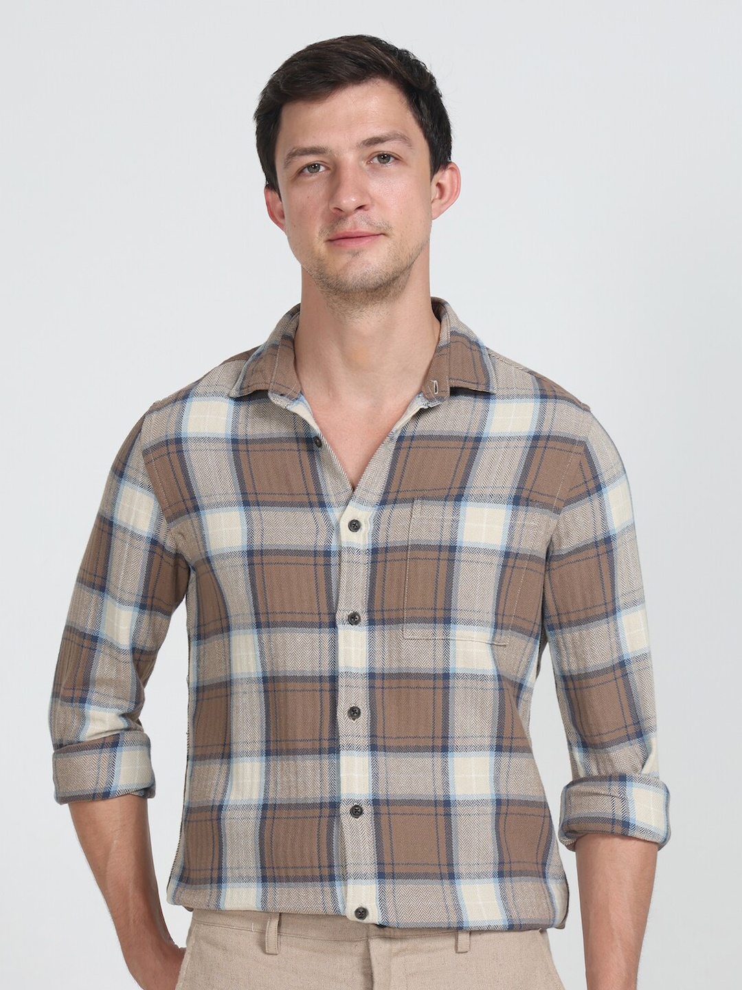 

POE Smart Slim Fit Tartan Checked Pure Cotton Shirt, Khaki