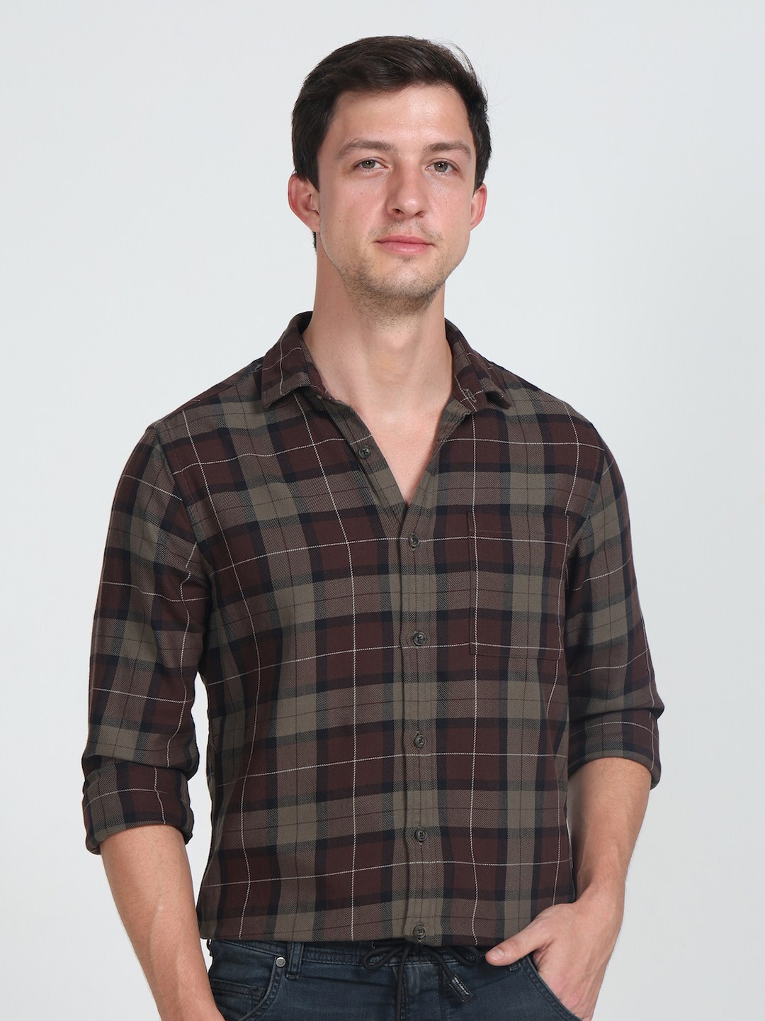 

POE Smart Slim Fit Tartan Checked Pure Cotton Shirt, Brown