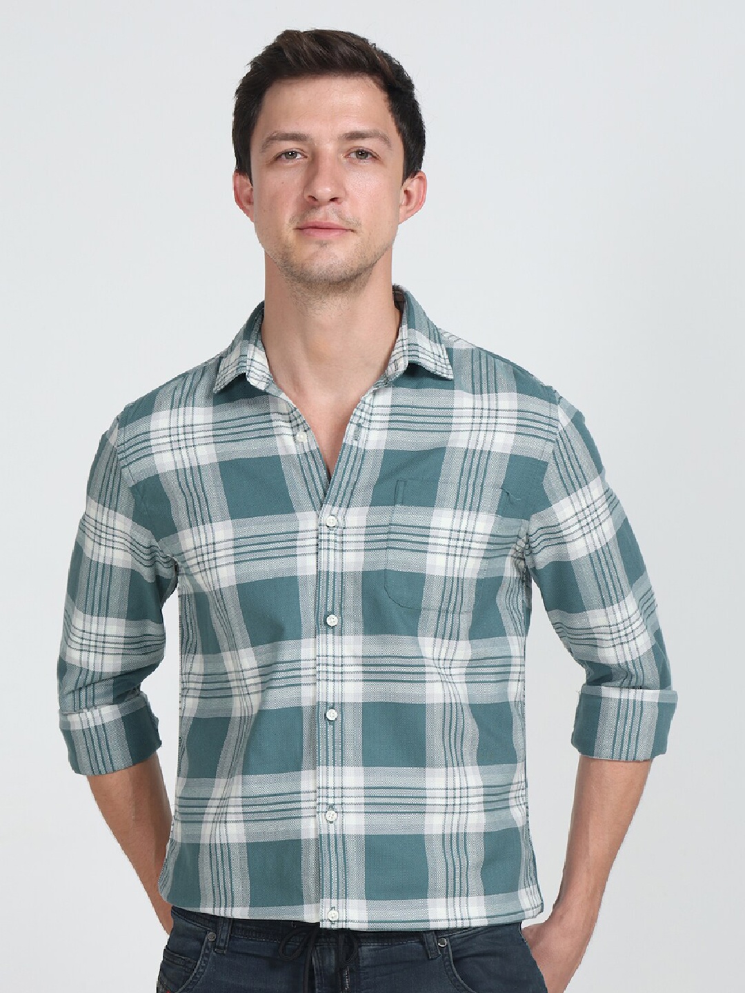 

POE Smart Slim Fit Tartan Checked Pure Cotton Shirt, Green