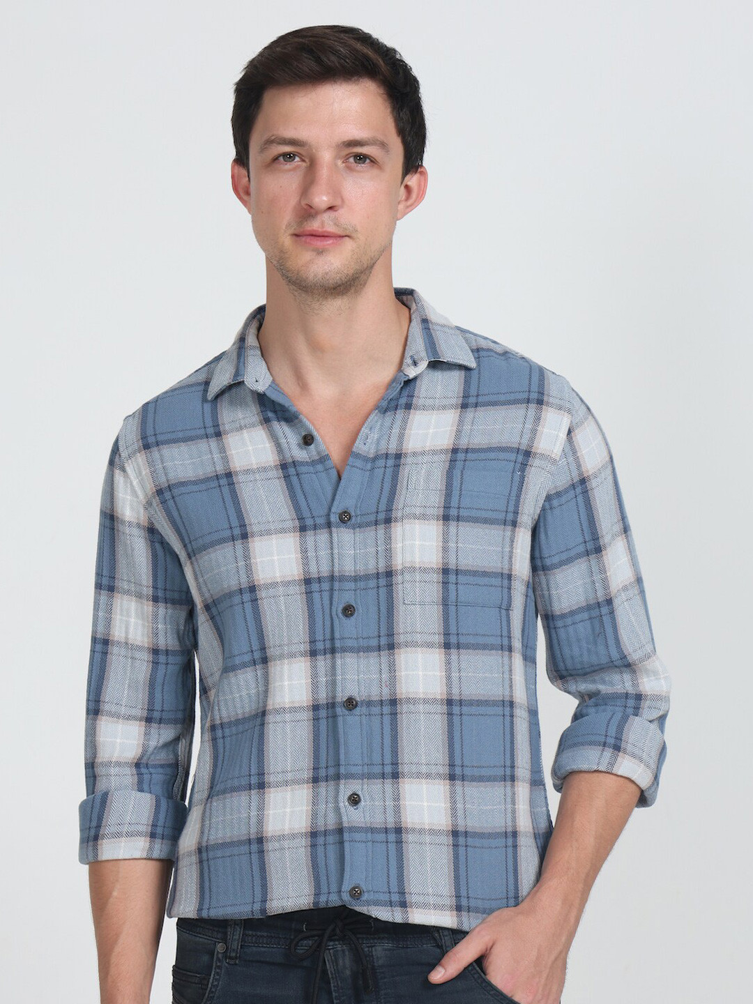 

POE Smart Slim Fit Tartan Checked Pure Cotton Shirt, Blue
