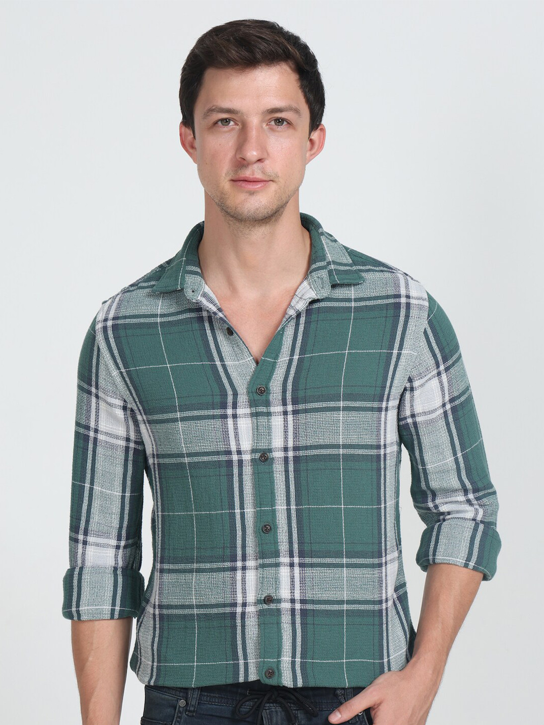 

POE Checked Smart Pure Cotton Slim Fit Shirt, Green