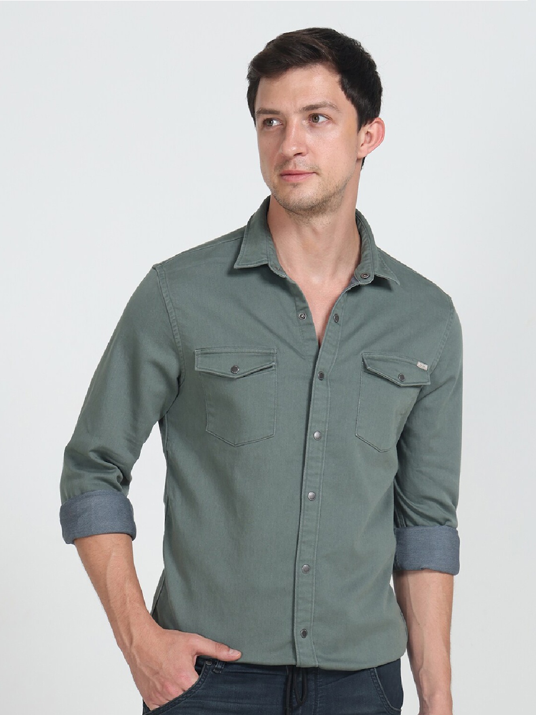 

POE Smart Slim Fit Pure Cotton Flap Pocket Detailed Shirt, Olive