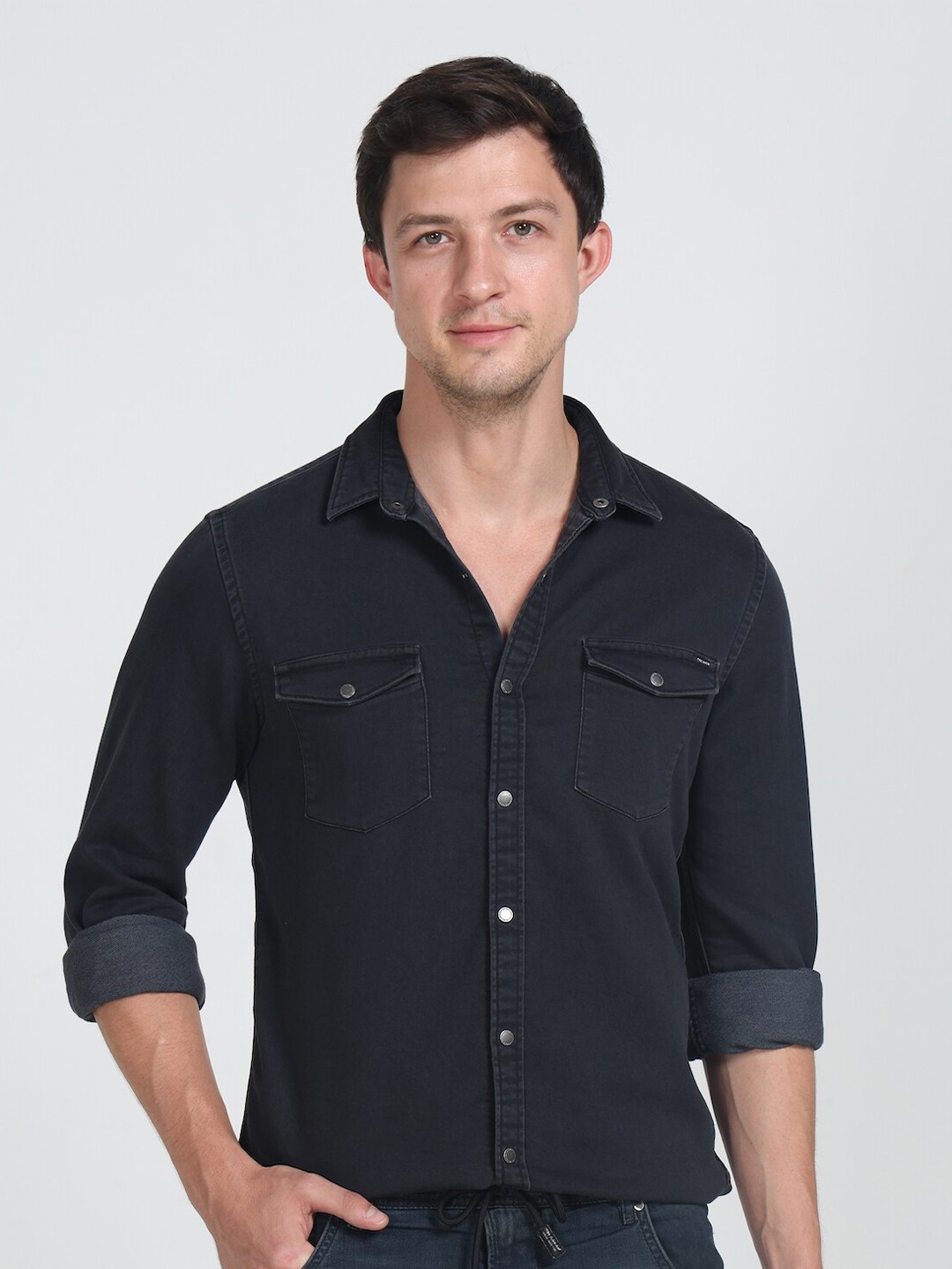 

POE Smart Slim Fit Pure Cotton Flap Pocket Detailed Shirt, Black