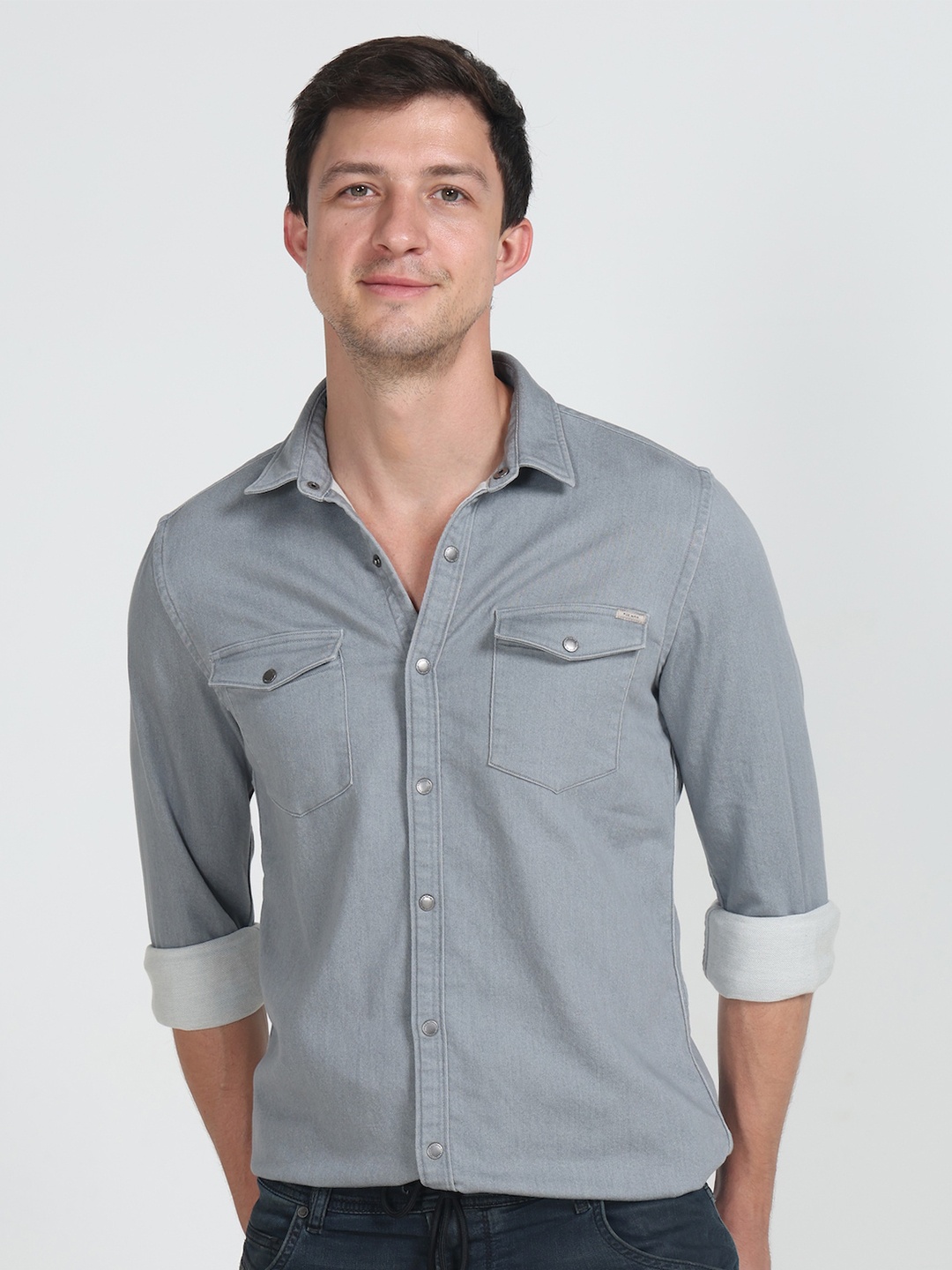 

POE Smart Slim Fit Pure Cotton Flap Pocket Detailed Shirt, Grey