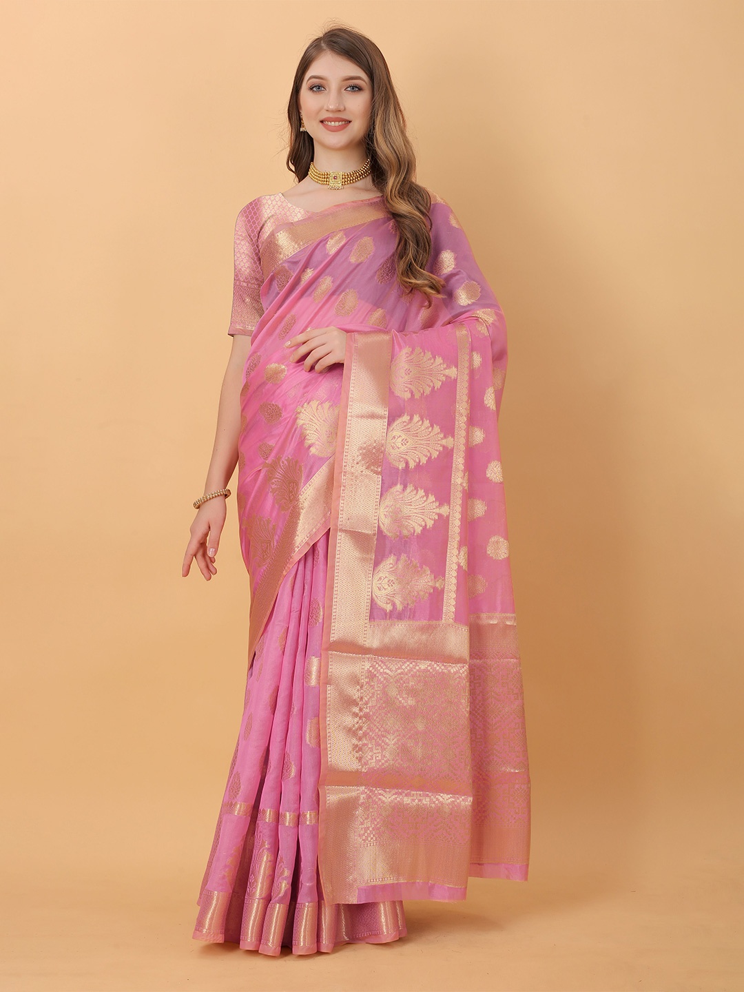 

NIWAA Floral Woven Design Organza Silk Banarasi Saree, Pink