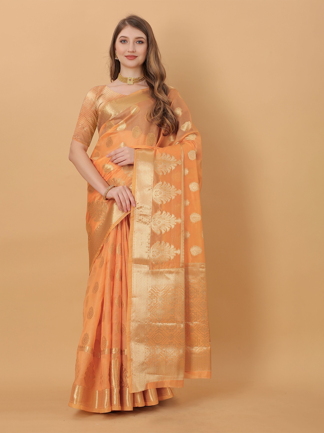 

NIWAA Floral Woven Design Organza Silk Banarasi Saree, Orange