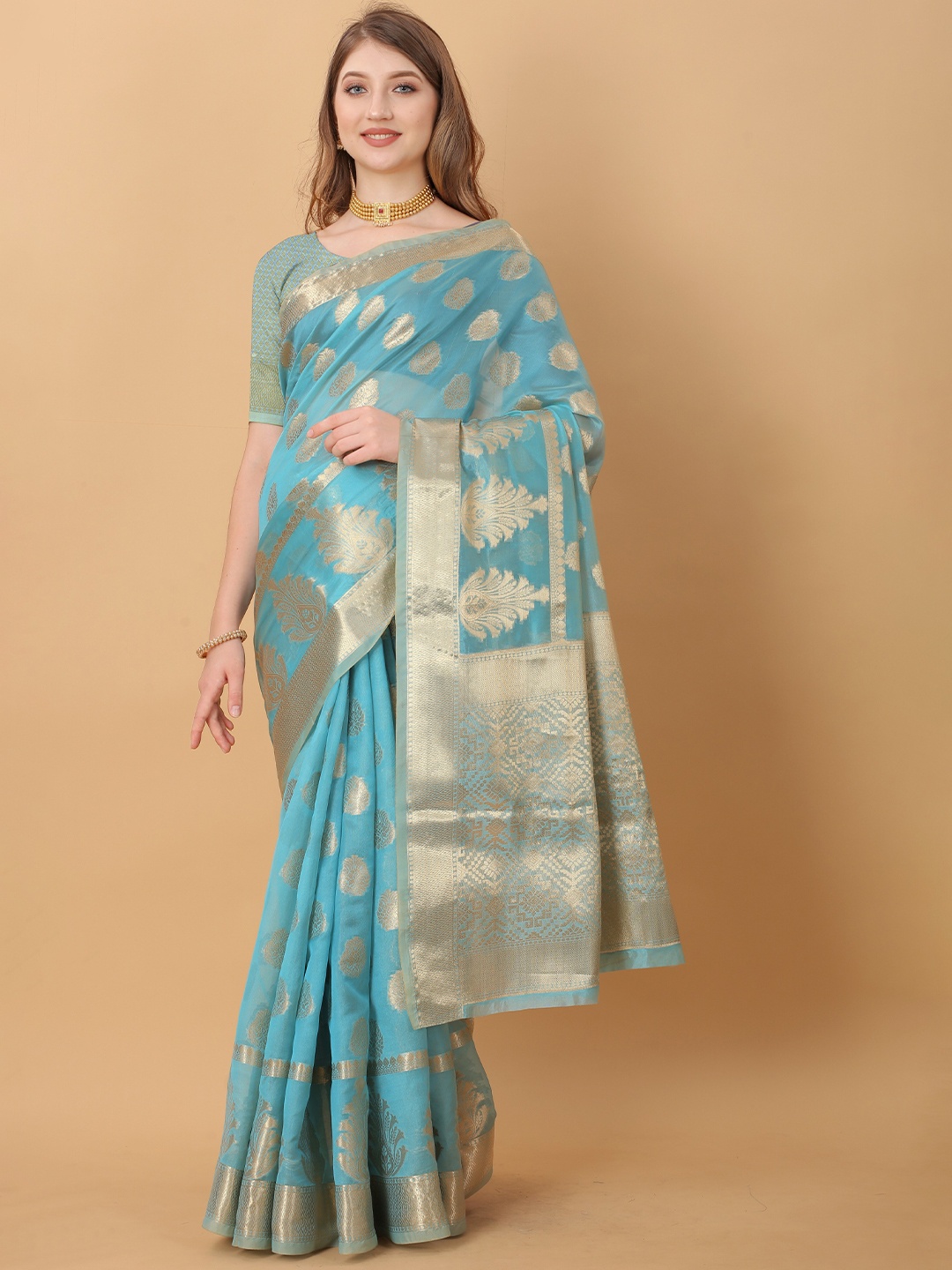 

NIWAA Floral Woven Design Organza Silk Banarasi Saree, Blue