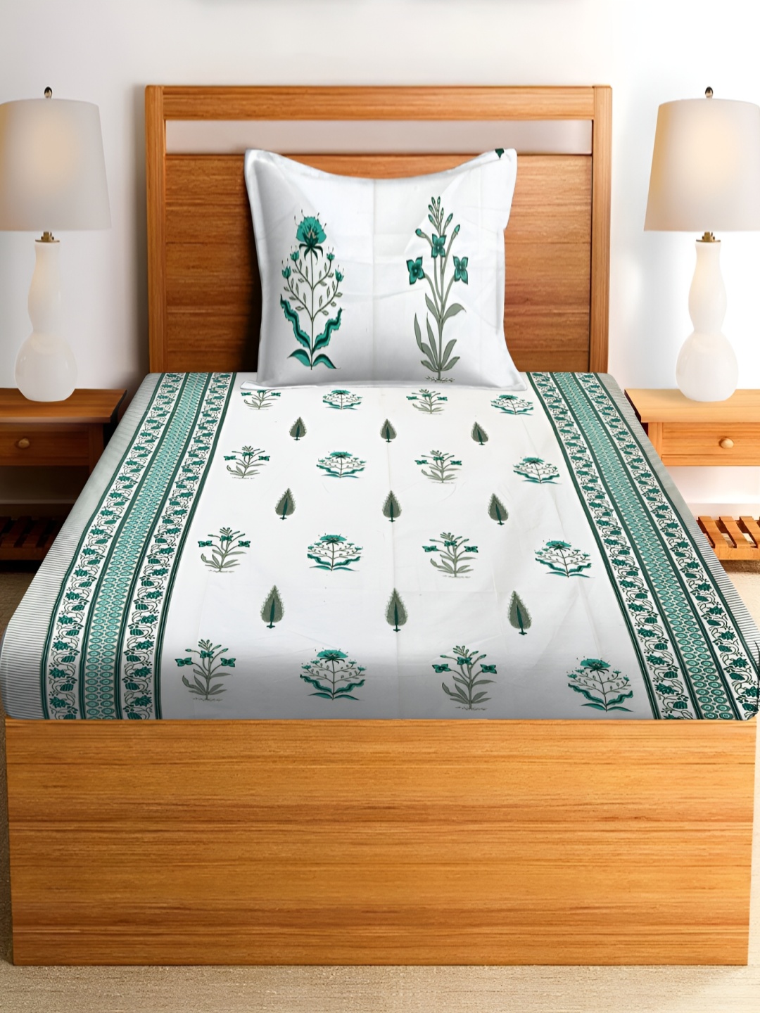

RRC White & Green Floral 180 TC Single Bedsheet Set