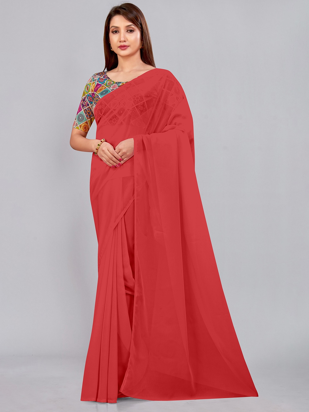 

CastilloFab Pure Georgette Saree, Red