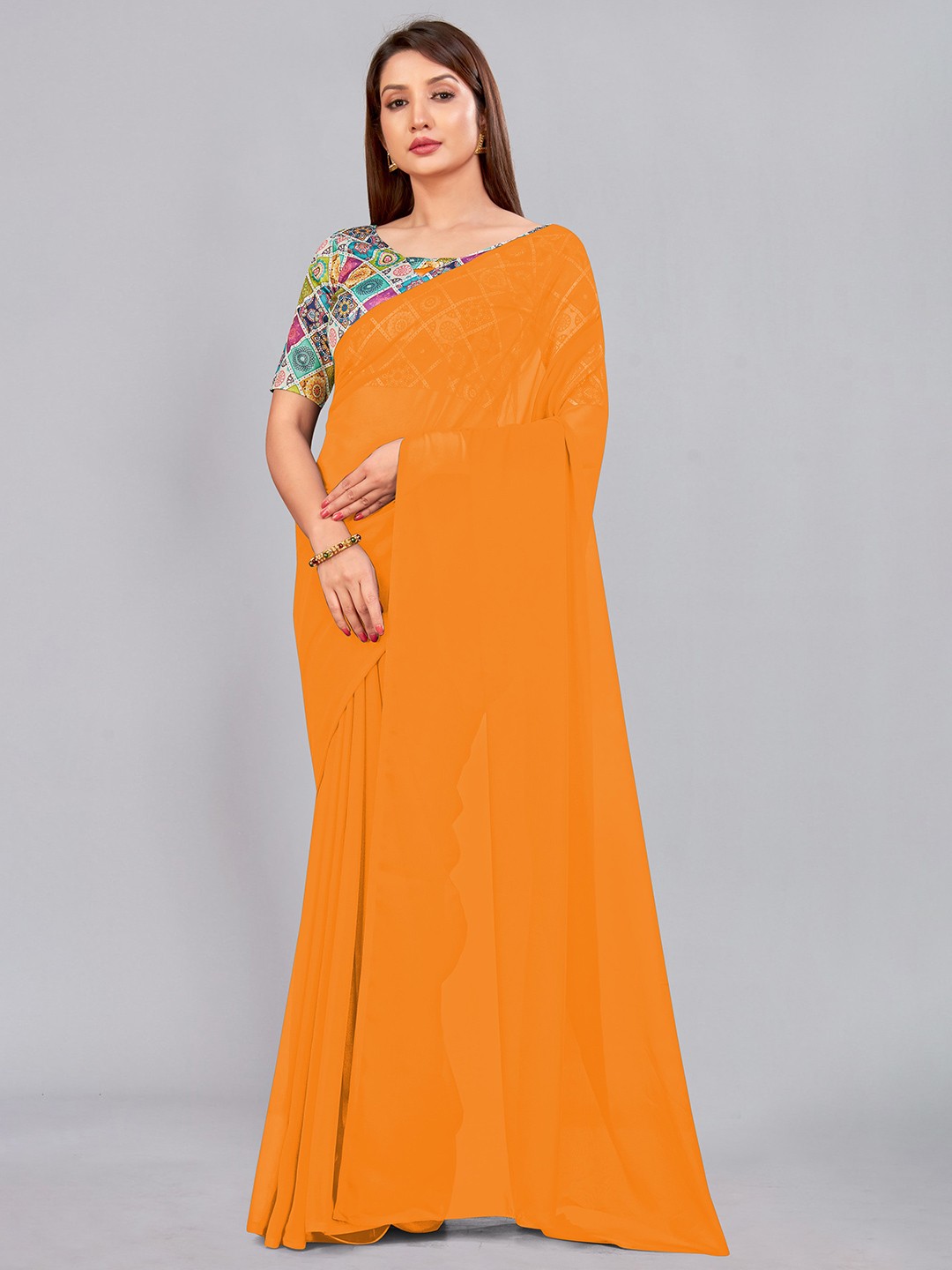 

CastilloFab Embroidered Pure Georgette Saree, Mustard