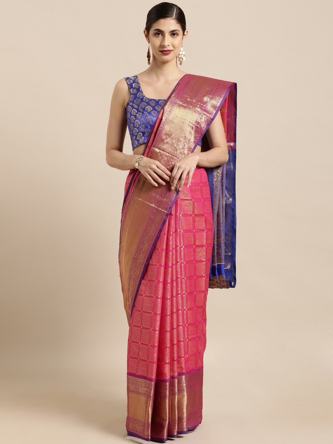 

PATLIPALLU Ethnic Motifs Silk Blend Kanjeevaram Saree, Pink