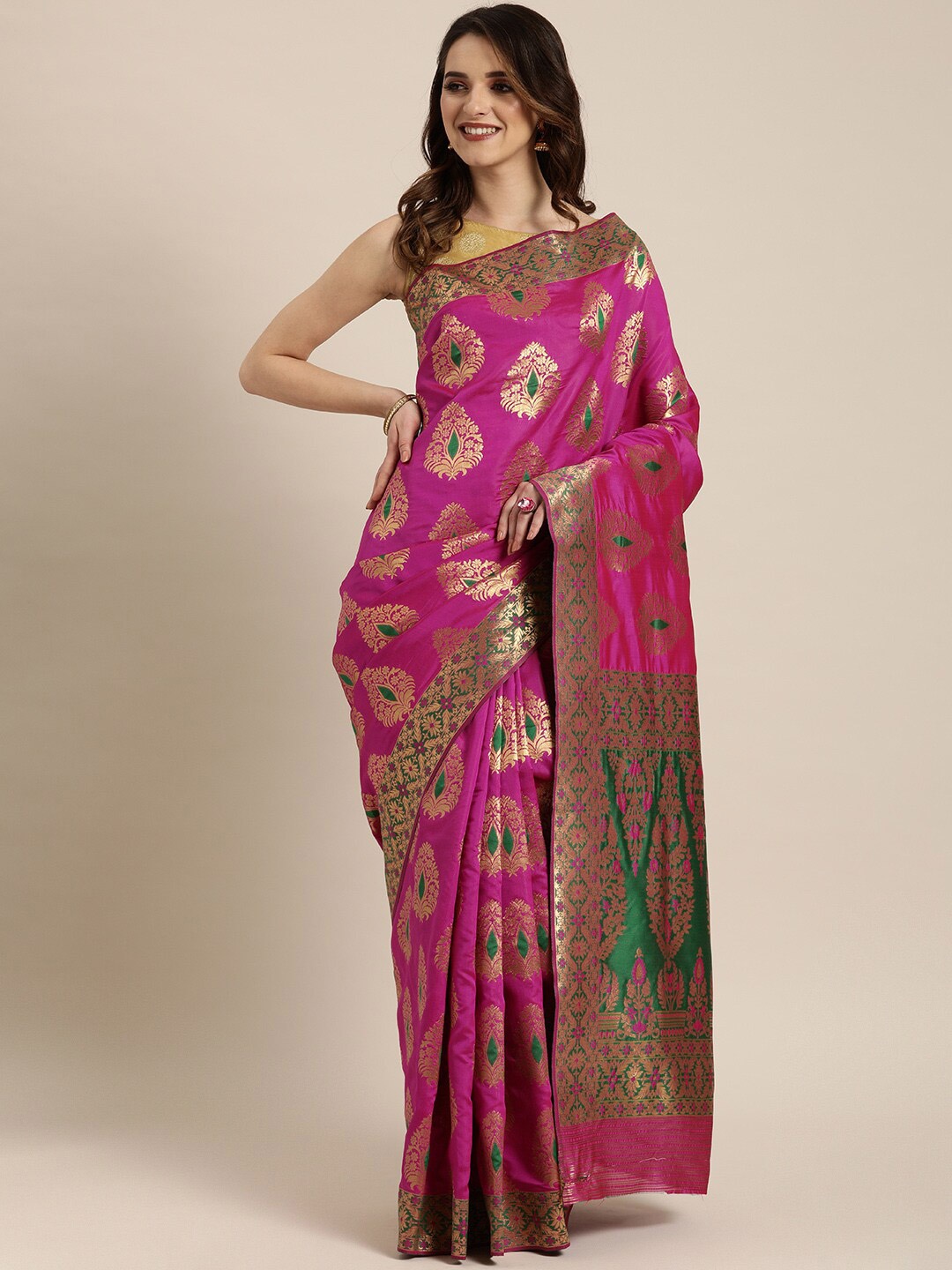 

PATLIPALLU Ethnic Motifs Silk Blend Banarasi Saree, Pink
