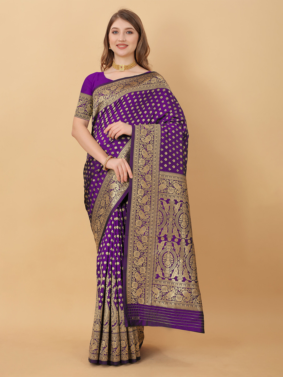 

NIWAA Paisley Woven Design Silk Kanjeevaram Saree, Purple
