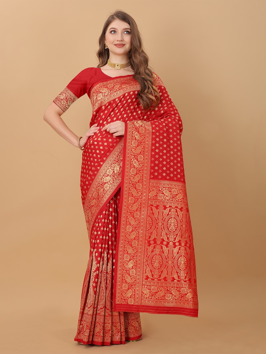 

NIWAA Paisley Woven Design Silk Kanjeevaram Saree, Red