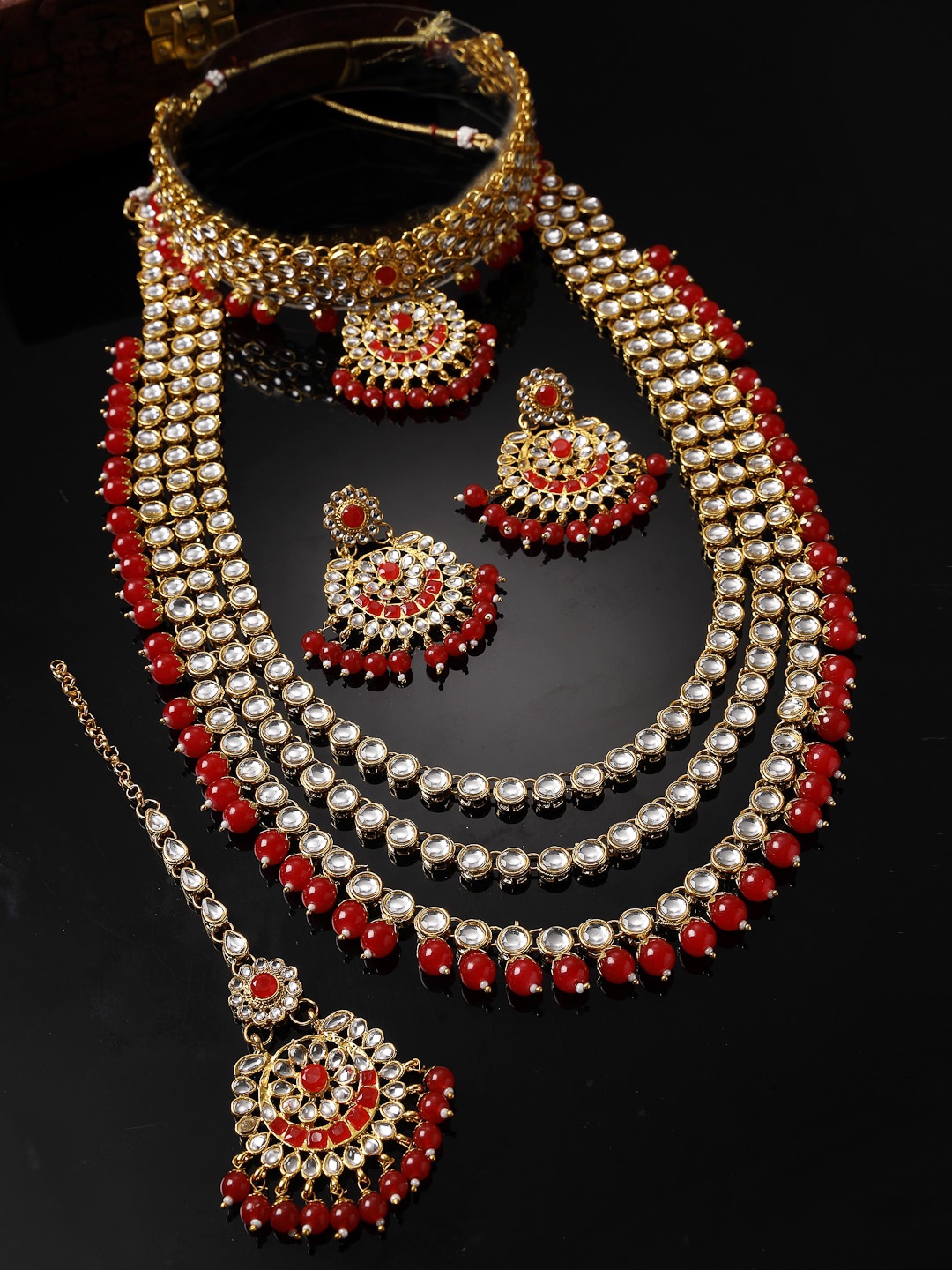 

Sukkhi Gold-Plated AD-Studded & Beaded Necklace and Earrings With Maang Tika Set